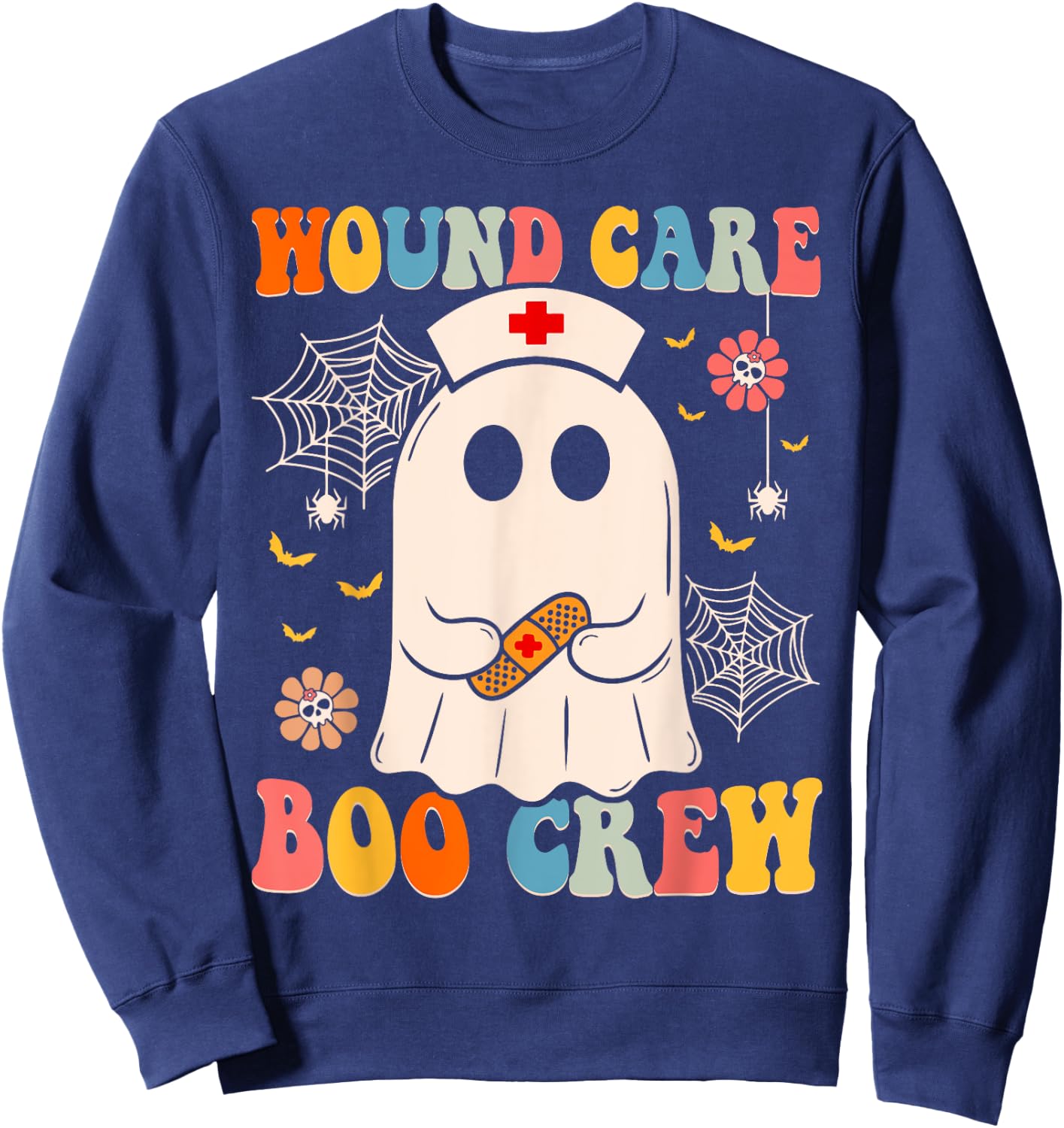 Groovy Wound Care Boo Crew Nurse Funny Ghost Halloween Nurse Sweatshirt - Sweatshirt | Navy