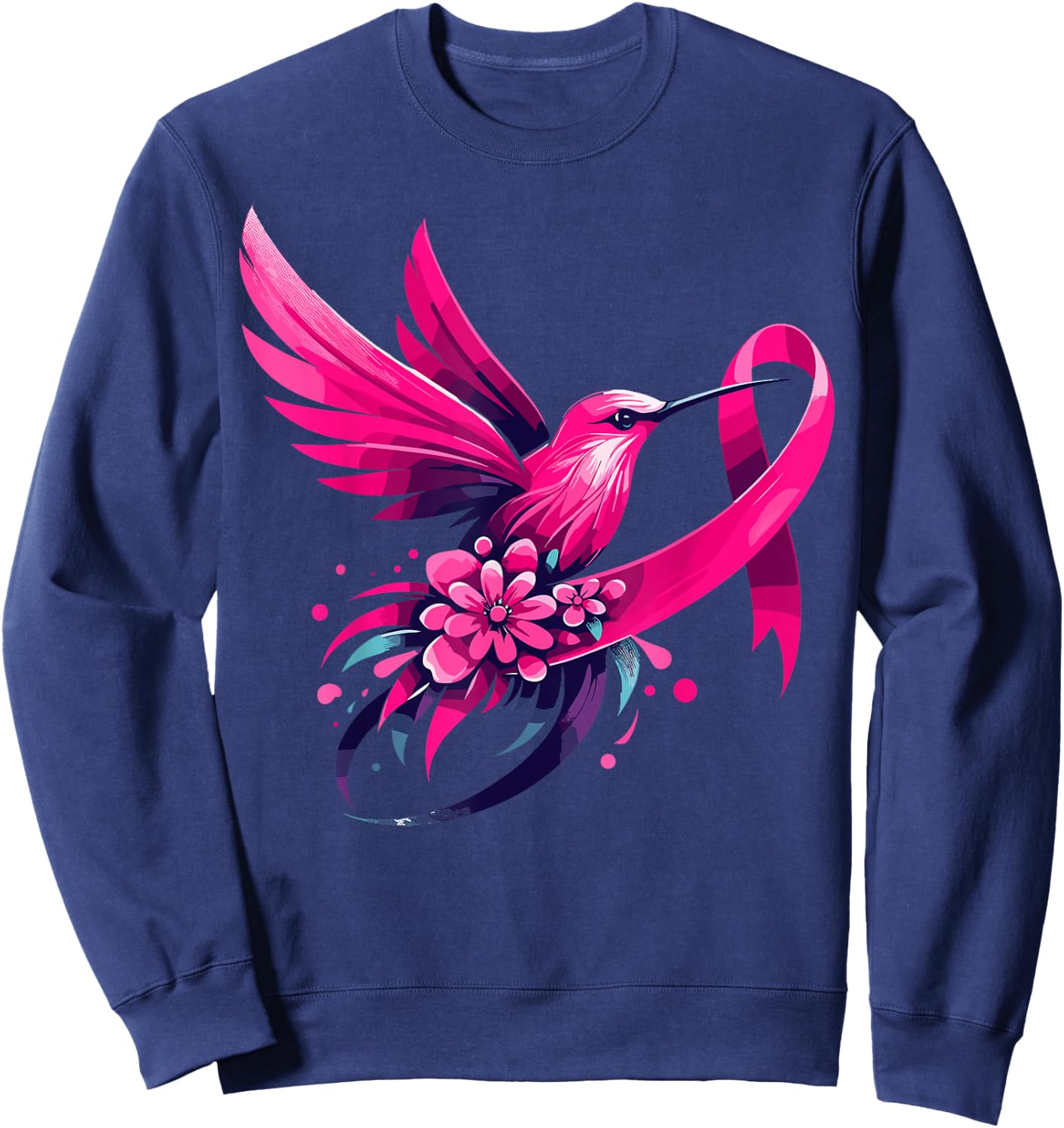 Hummingbird Flower Pink Ribbon Breast Cancer Awareness Sweatshirt - Sweatshirt | Navy