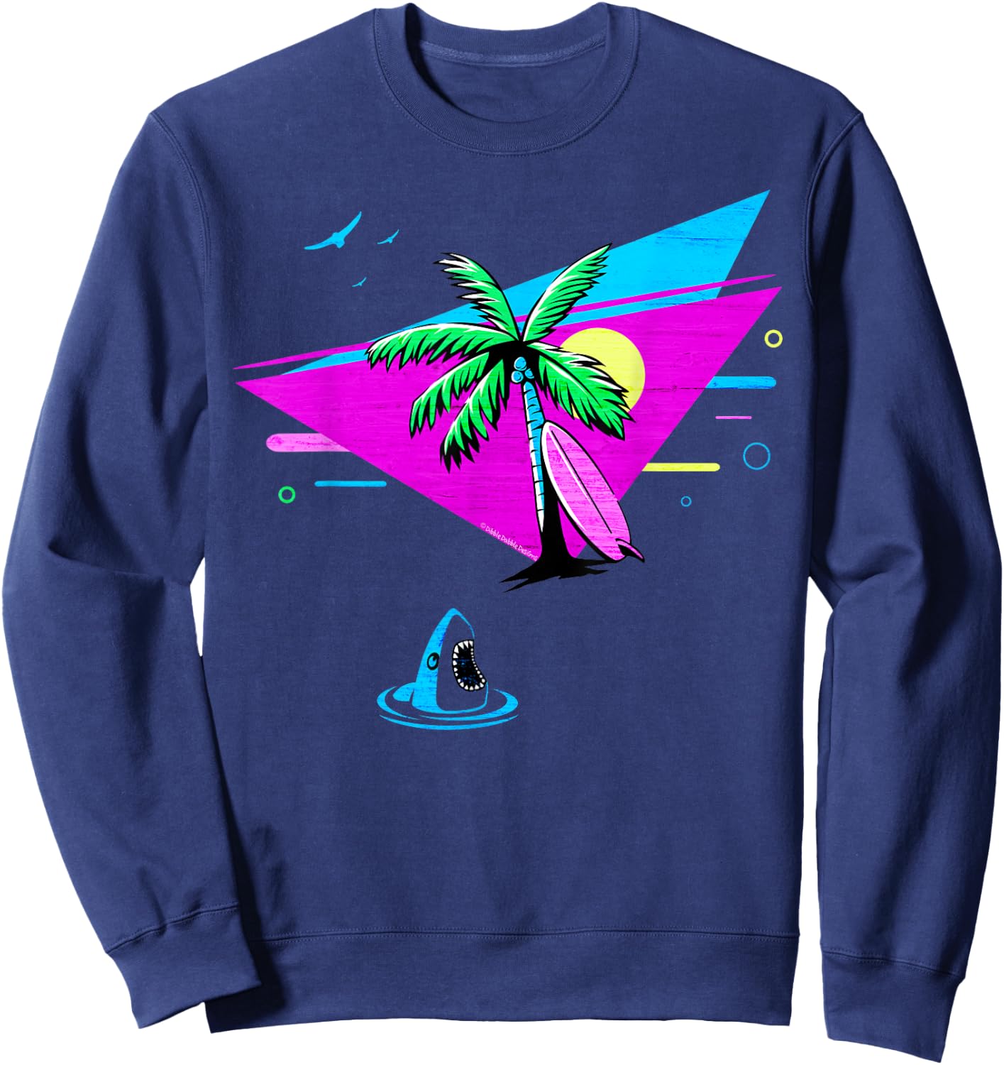 Fun Retro Tropical Vaporwave Palm Trees Shark and Surfboard Sweatshirt - Sweatshirt | Navy