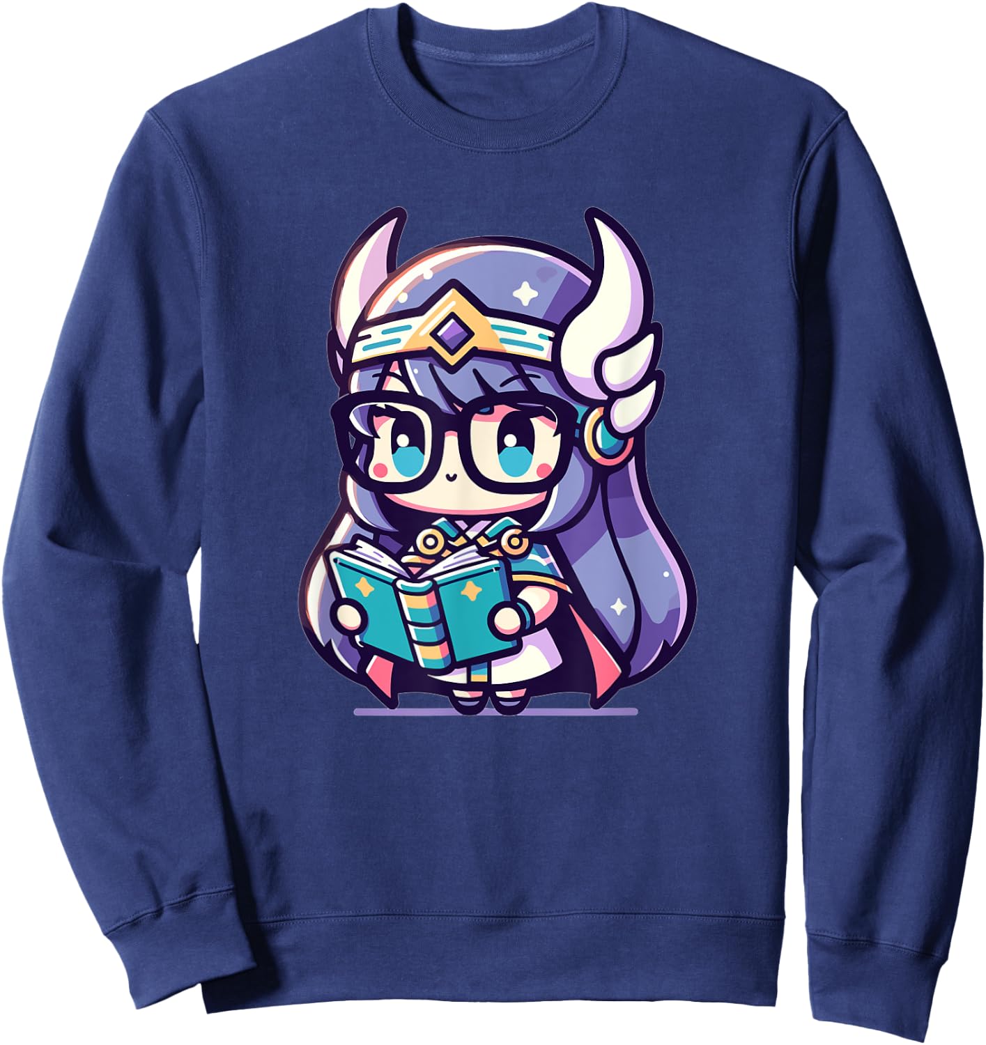 Adorable Book Lover Valkyrie With Reading Glasses Cute Sweatshirt - Sweatshirt | Navy