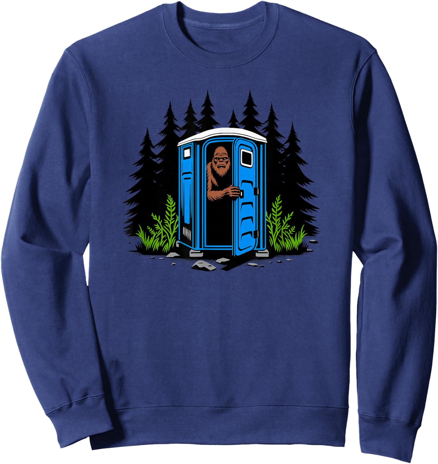 Bigfoot Peeking Out of A Porta Potty in The Woods Sweatshirt - Sweatshirt | Navy