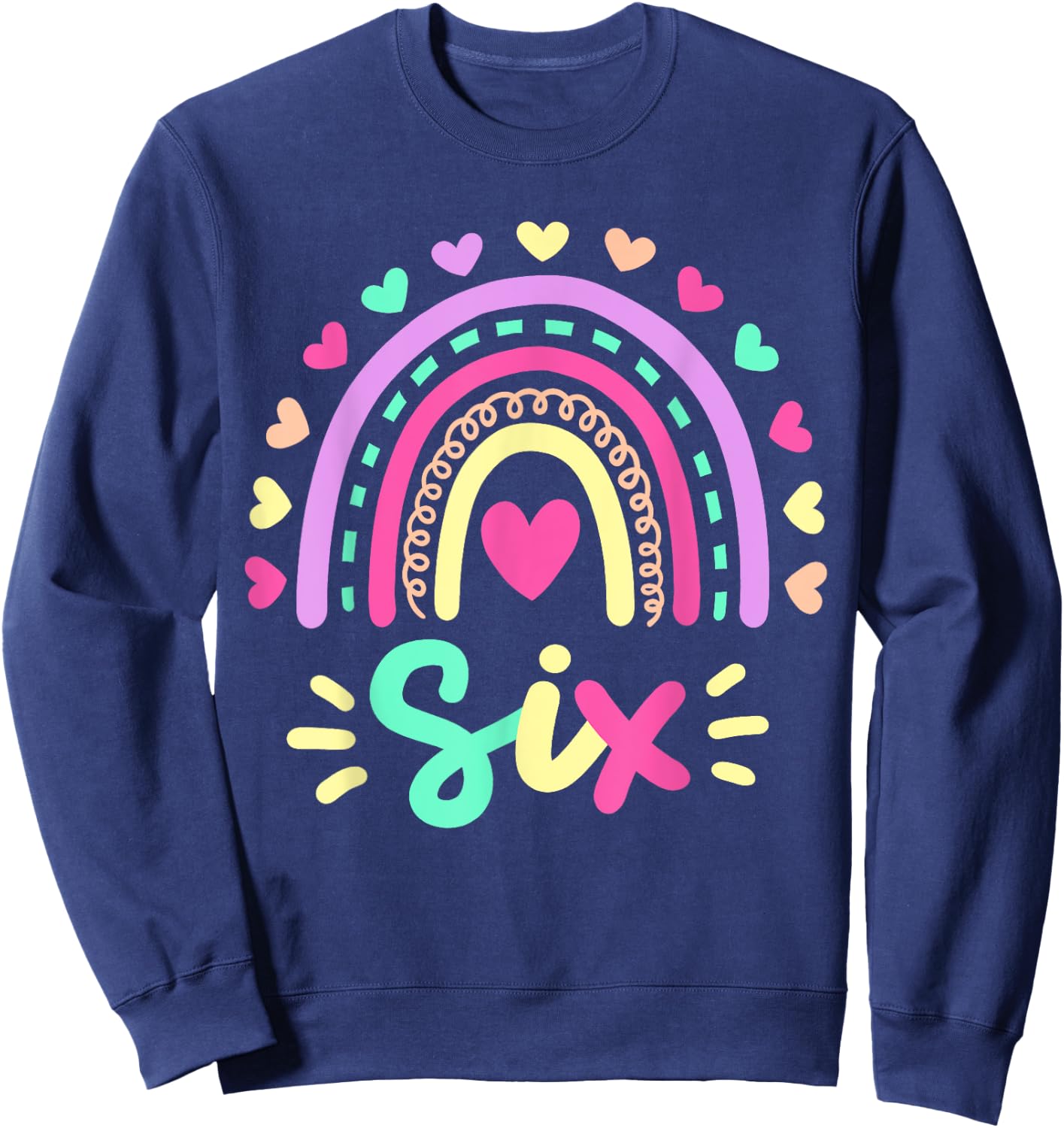 Six 6th Birthday Retro Rainbow Boho 6 Years Old Girls Kids Sweatshirt - Sweatshirt | Navy