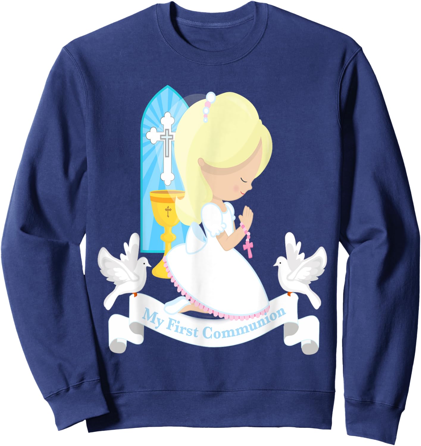My First Communion Shirt Gift Cute Kids Daughter Girl Blonde Sweatshirt - Sweatshirt | Navy
