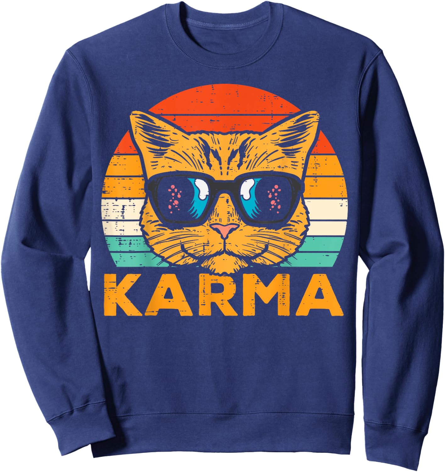Karma Cat Face Sunset Retro Music Vibe Women Men Kids Youth Sweatshirt - Sweatshirt | Navy