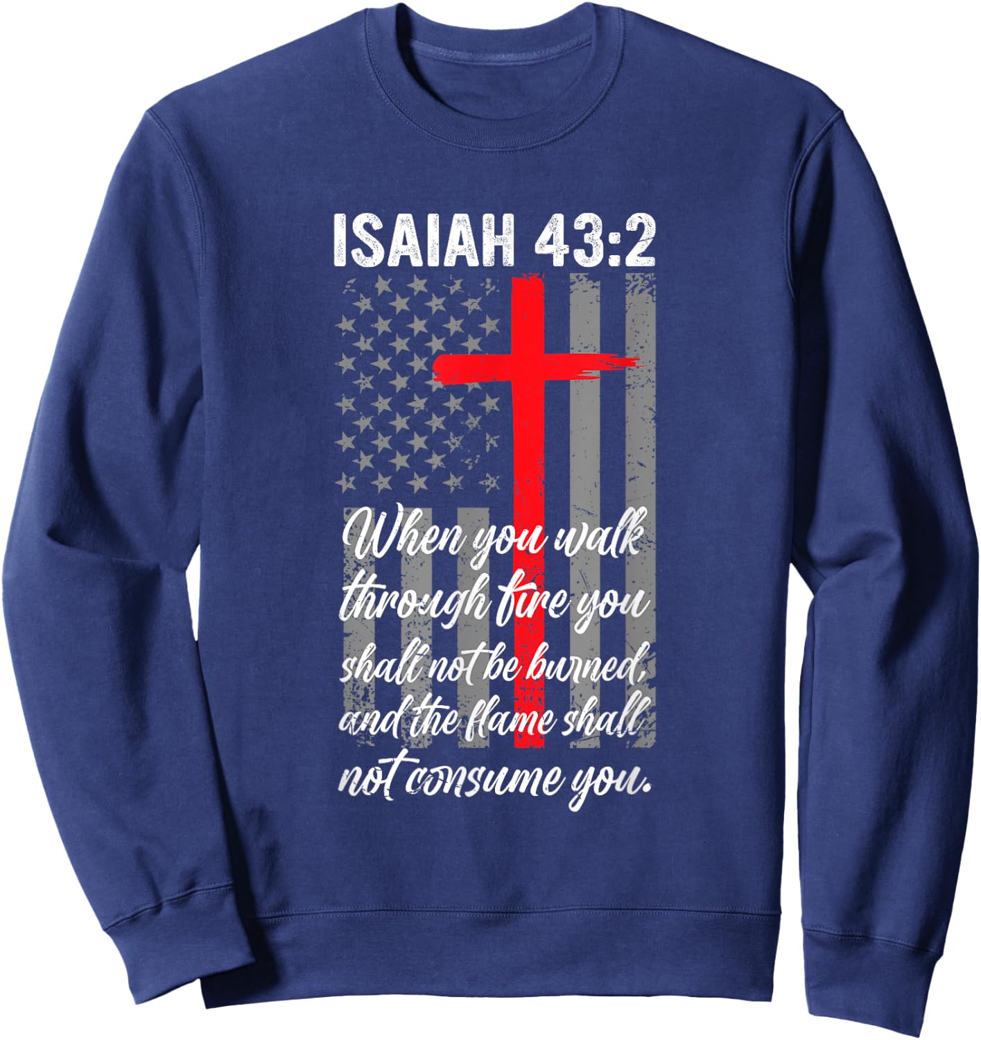 Thin Red Line Firefighter Cross Bible Verse American Flag Sweatshirt - Sweatshirt | Navy