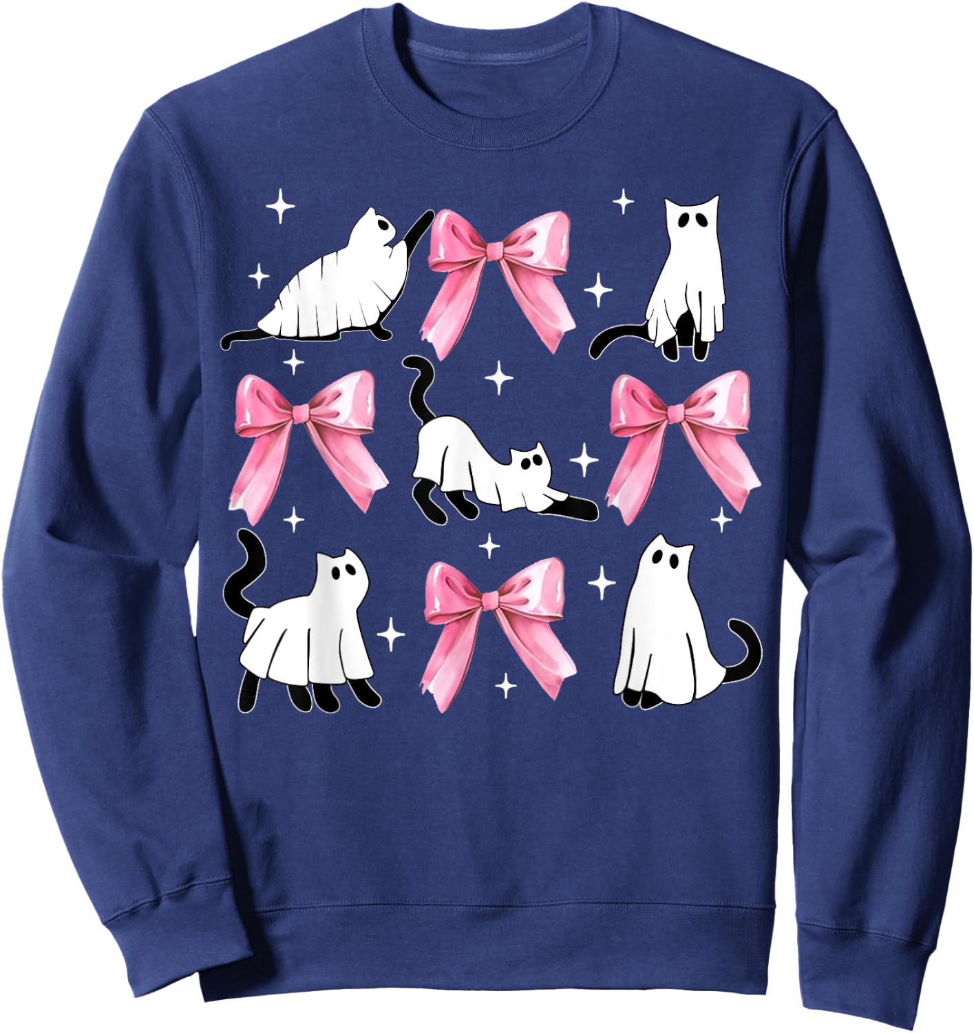Ghost Cat Boo Costume Cute Pink Bow Coquette Kitty Halloween Women Kids Sweatshirt - Sweatshirt | Navy