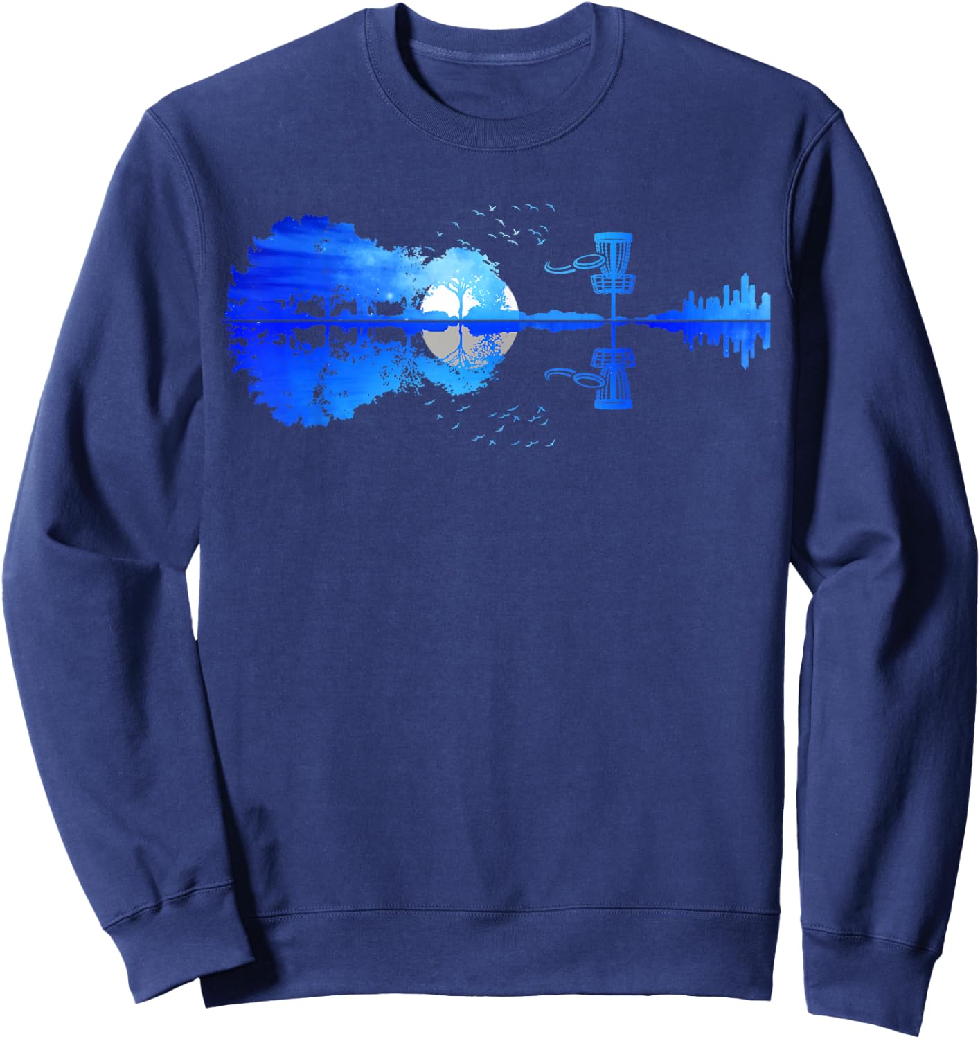 Men Disc Golf Frisbee Golfer Sunset Guitar Guitarist Golfing Sweatshirt - Sweatshirt | Navy