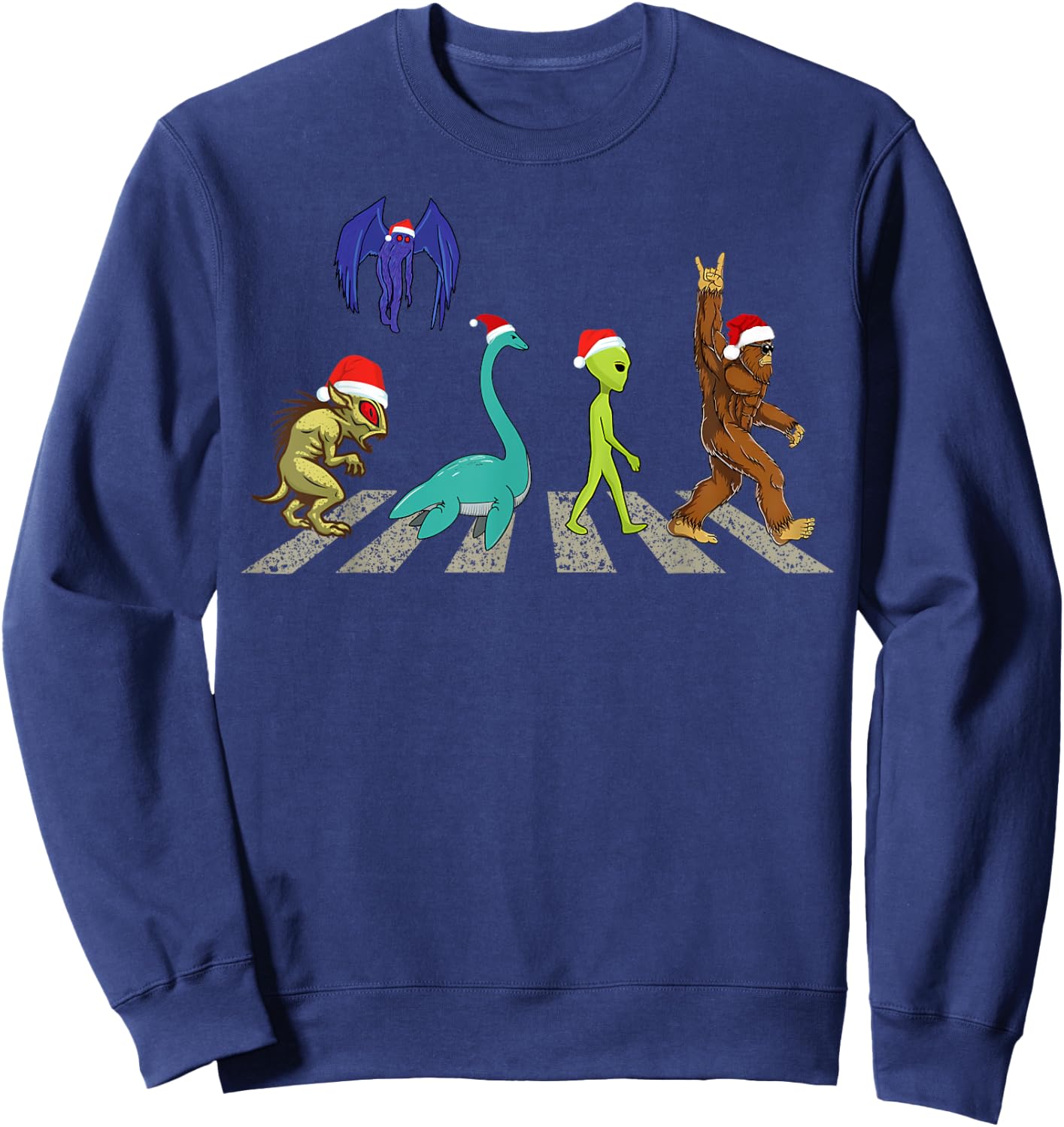 Christmas Cryptid Squad Bigfoot Mothman Alien Nessie Sweatshirt - Sweatshirt | Navy