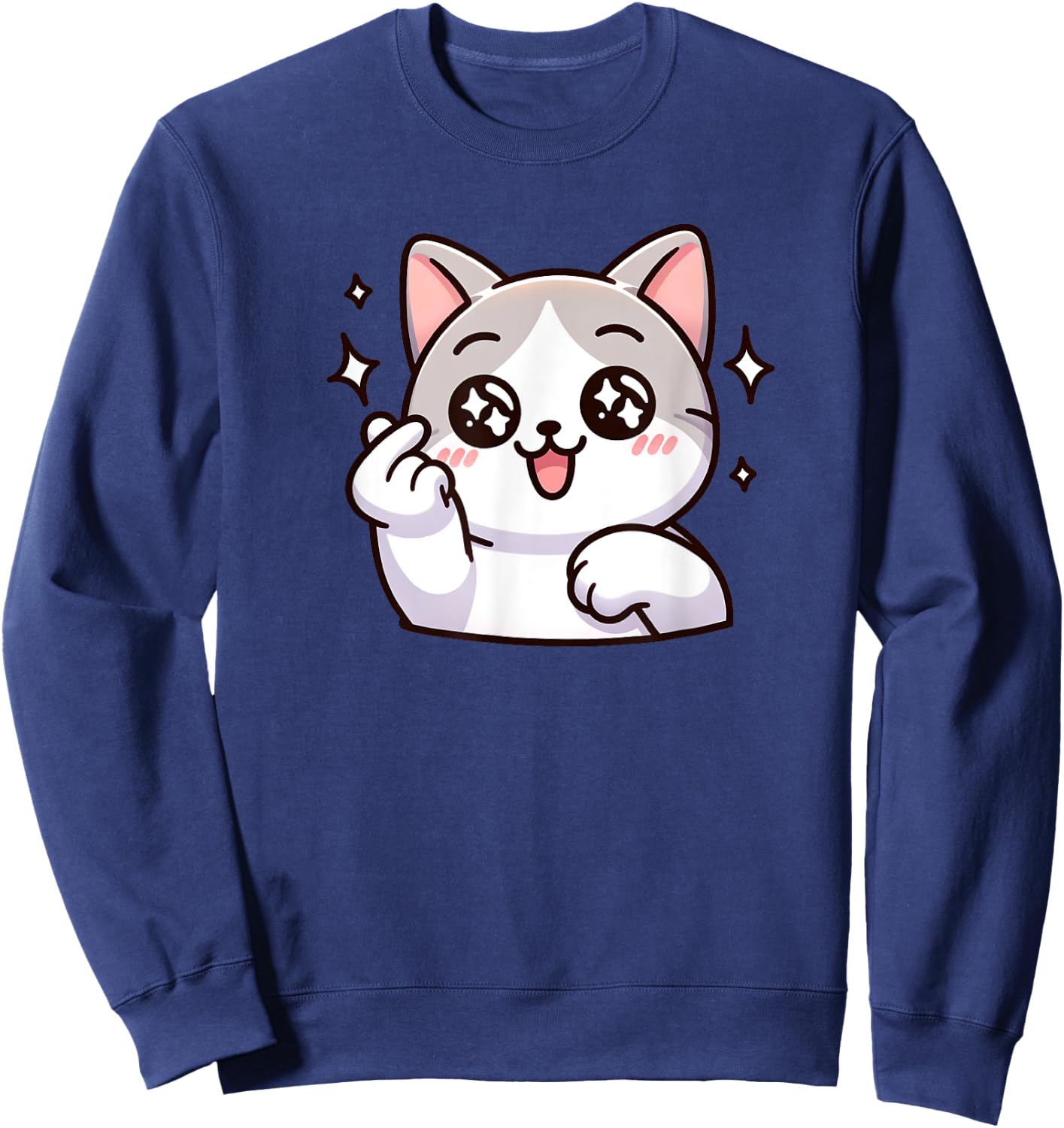 Funny Cat Cartoon Finger-heart K-pop Korean Men Women Kids Sweatshirt - Sweatshirt | Navy