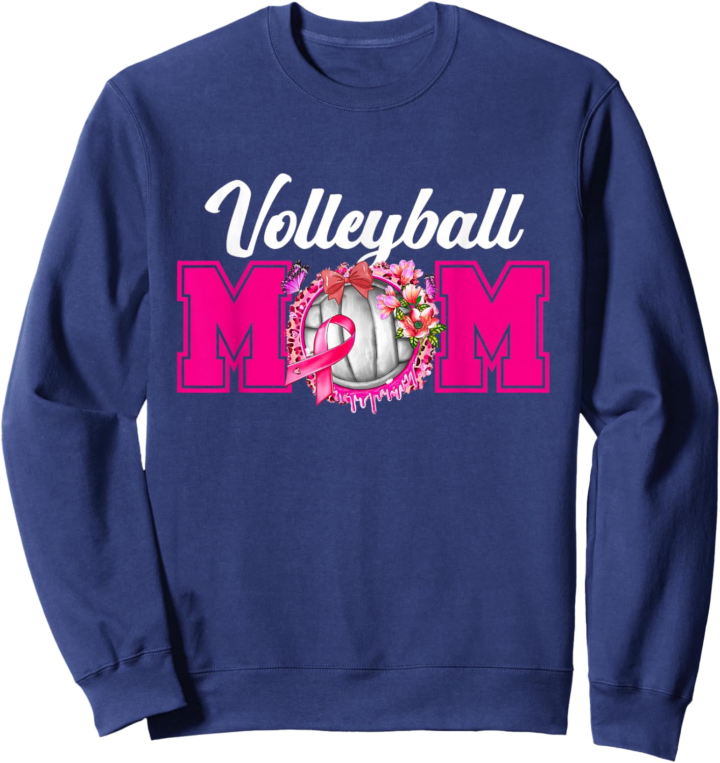 Volleyball Mom Pink Ribbon Breast Cancer Fighter Sport Fan Sweatshirt - Sweatshirt | Navy