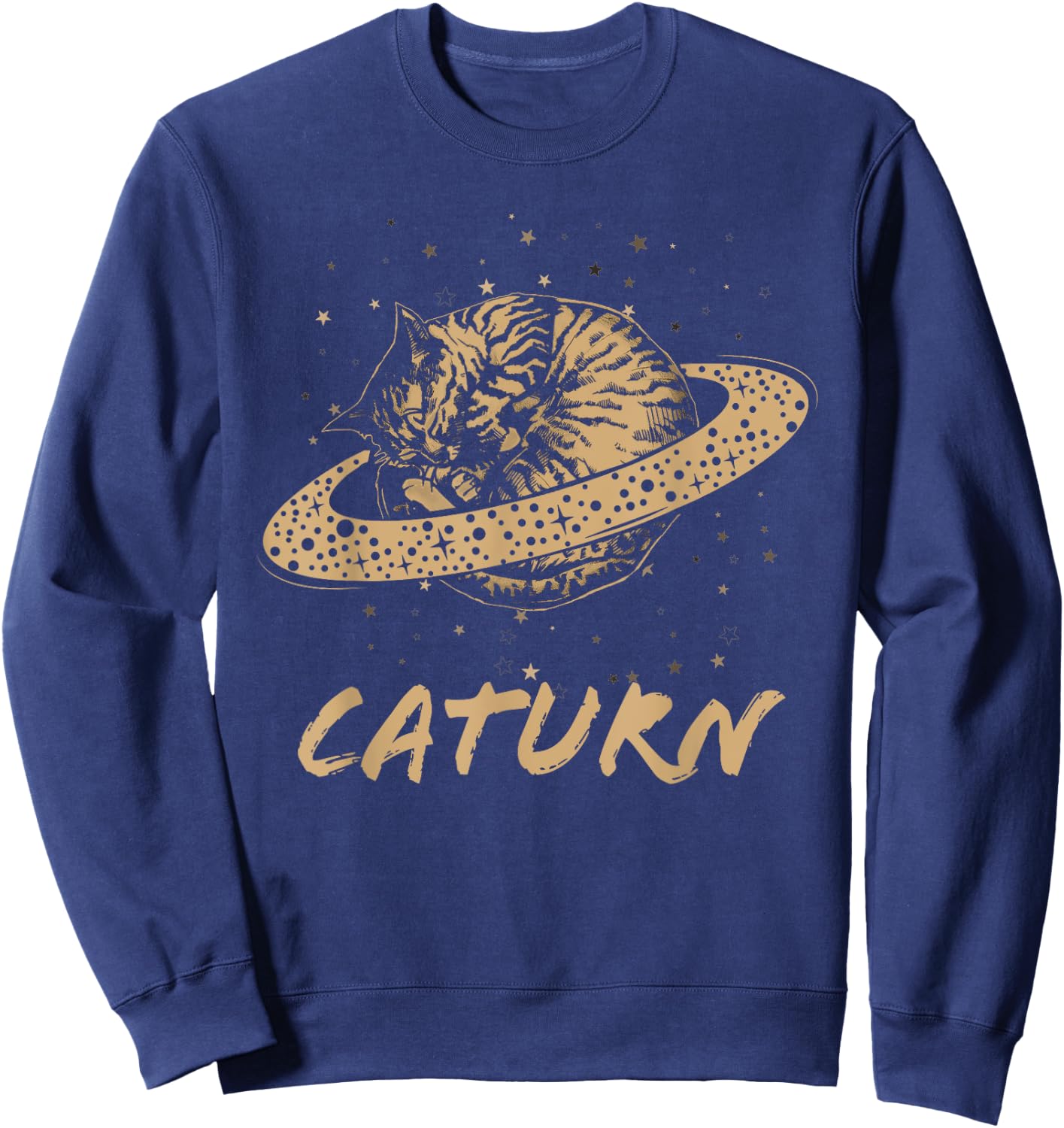 Cat Staring at Planet Saturn Retro Science Caturn Astrology Sweatshirt - Sweatshirt | Navy