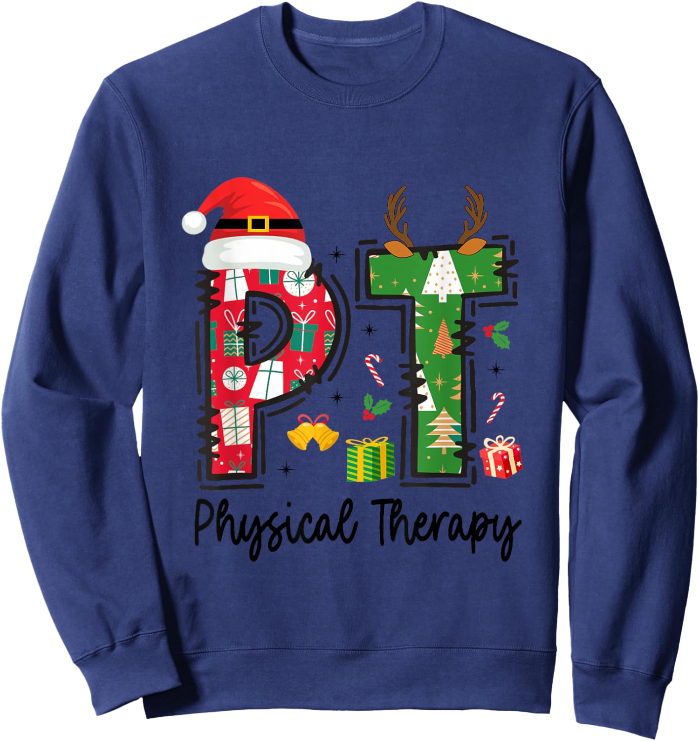 Christmas Physical Therapy Ls -Adults Grey Small Classic Fit Short Sleeve Graphic Cartoon Holiday Physical Therapy Therapist Xmas Sweatshirt - Sweatshirt | Navy