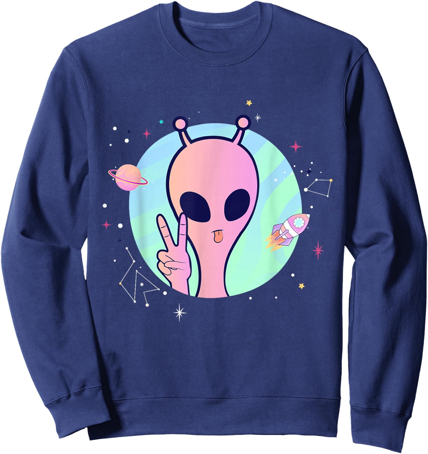 Peace Sign Hand Planet Stars UFO Cool Trippy Pink Alien Sweatshirt - Sweatshirt | Navy