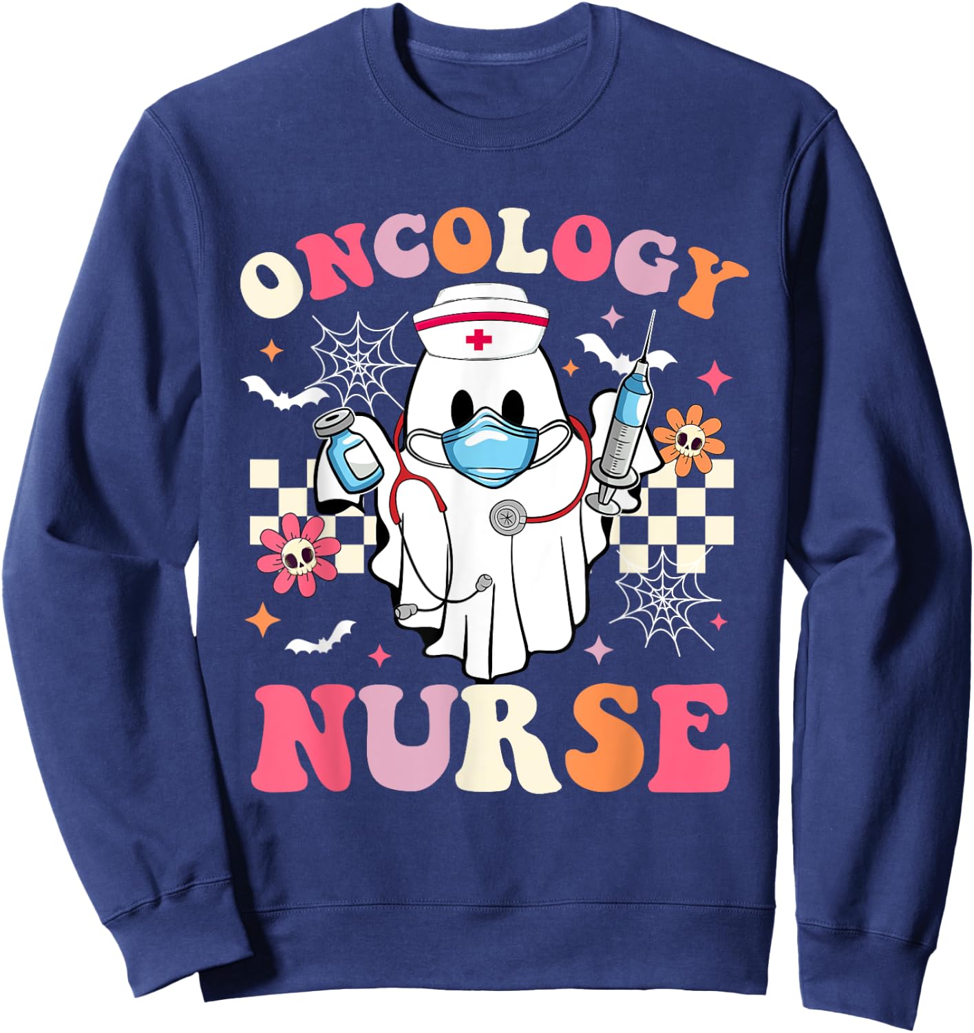 Spooky Oncology Nurse Ghost Halloween Cute Groovy Nursing Sweatshirt - Sweatshirt | Navy