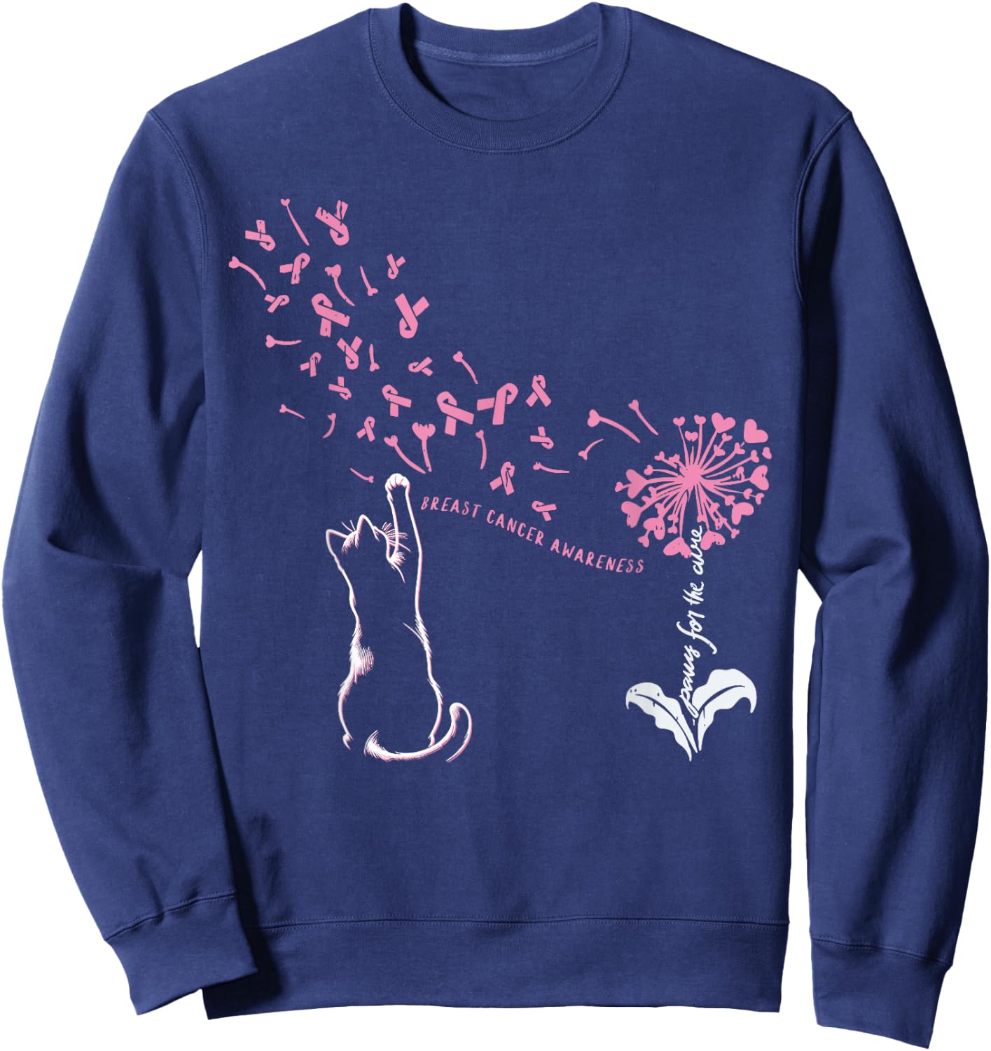 Cat Paw For Cure Support Breast Cancer Awareness Dandelion Sweatshirt - Sweatshirt | Navy
