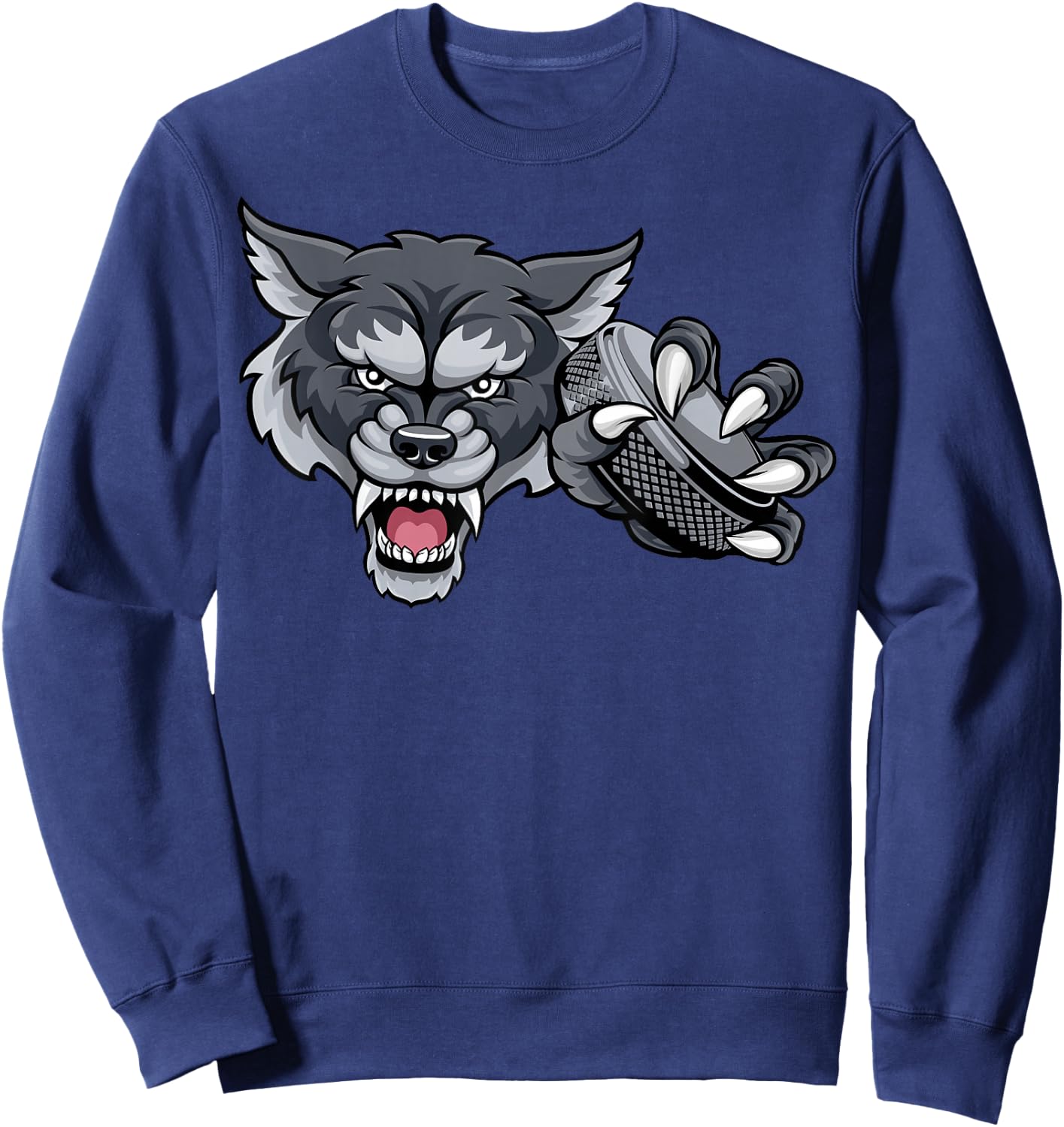 Wolf Cartoon Sports Wolves Team Mascot Holding Hockey Puck Sweatshirt - Sweatshirt | Navy