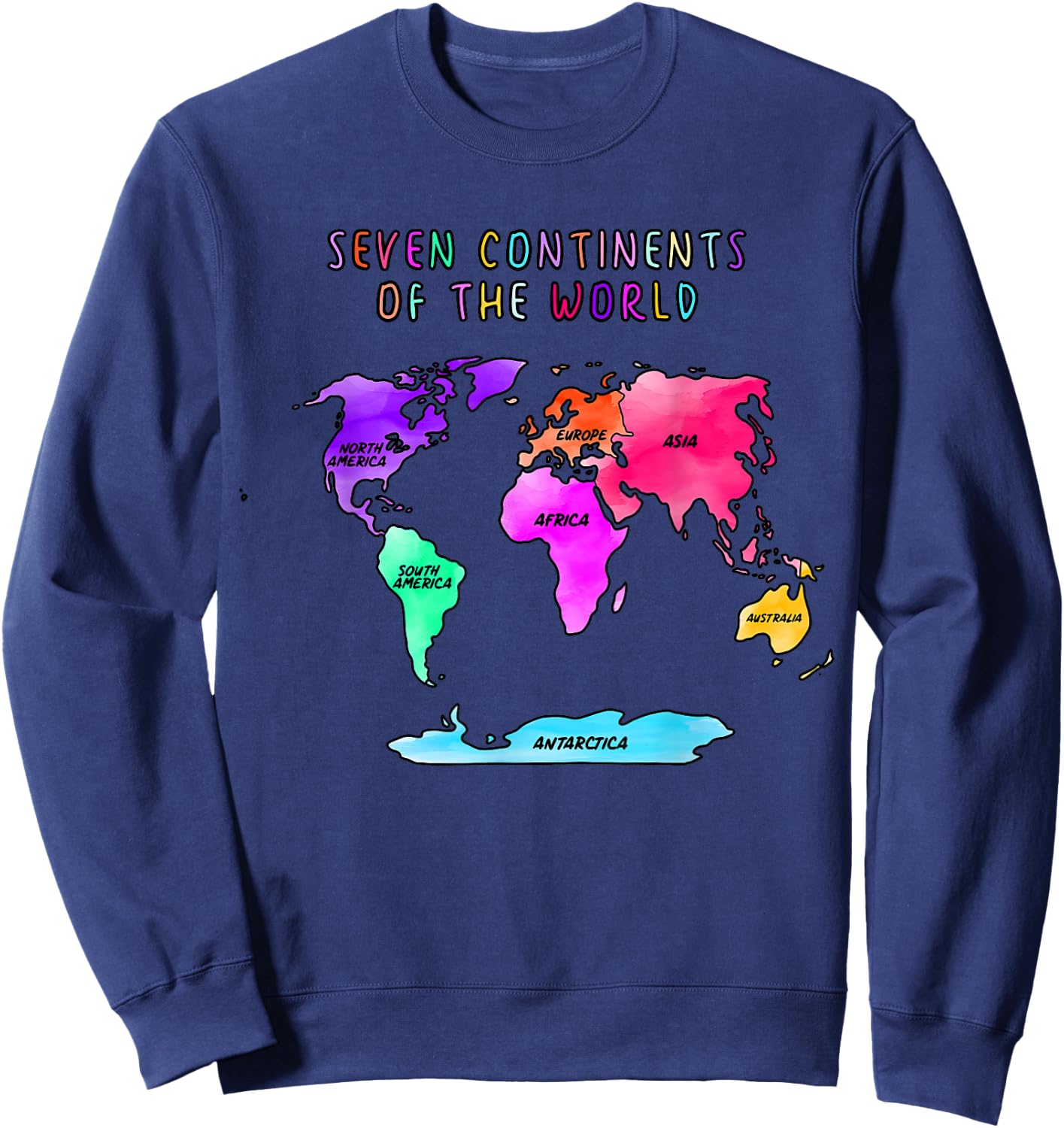 Simplified, watercolor world map, names of the continents Sweatshirt - Sweatshirt | Navy