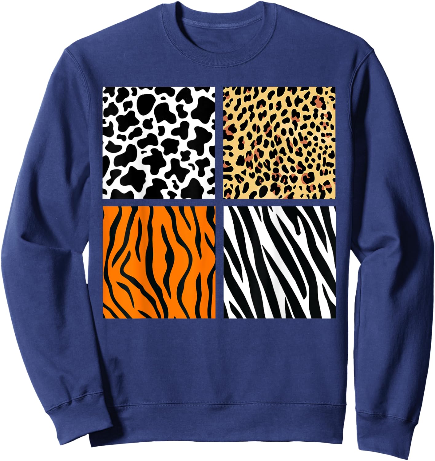 Four Animal Pattern Cow Tiger Leopard Zebra Animal Print Sweatshirt - Sweatshirt | Navy