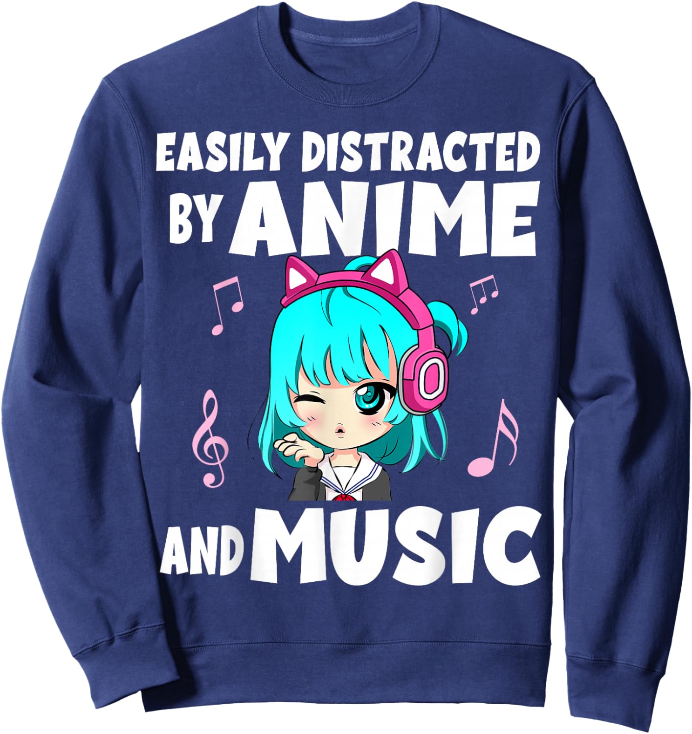 Funny Anime and Music Girl for Teen Chibi Graphic Anime Girl Sweatshirt - Sweatshirt | Navy