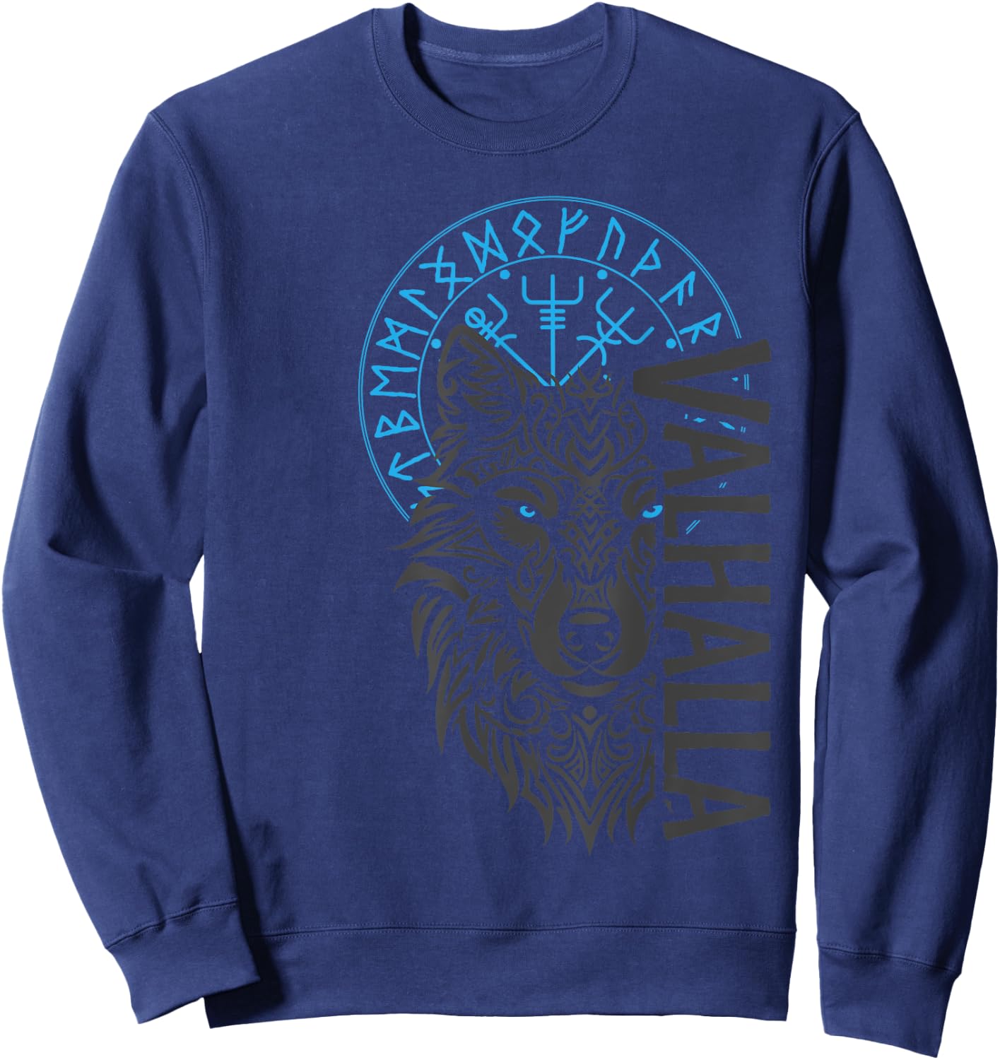 Valhalla & Viking Compass - Nordic Wolf Design , Small, Black Sweatshirt - Sweatshirt | Navy