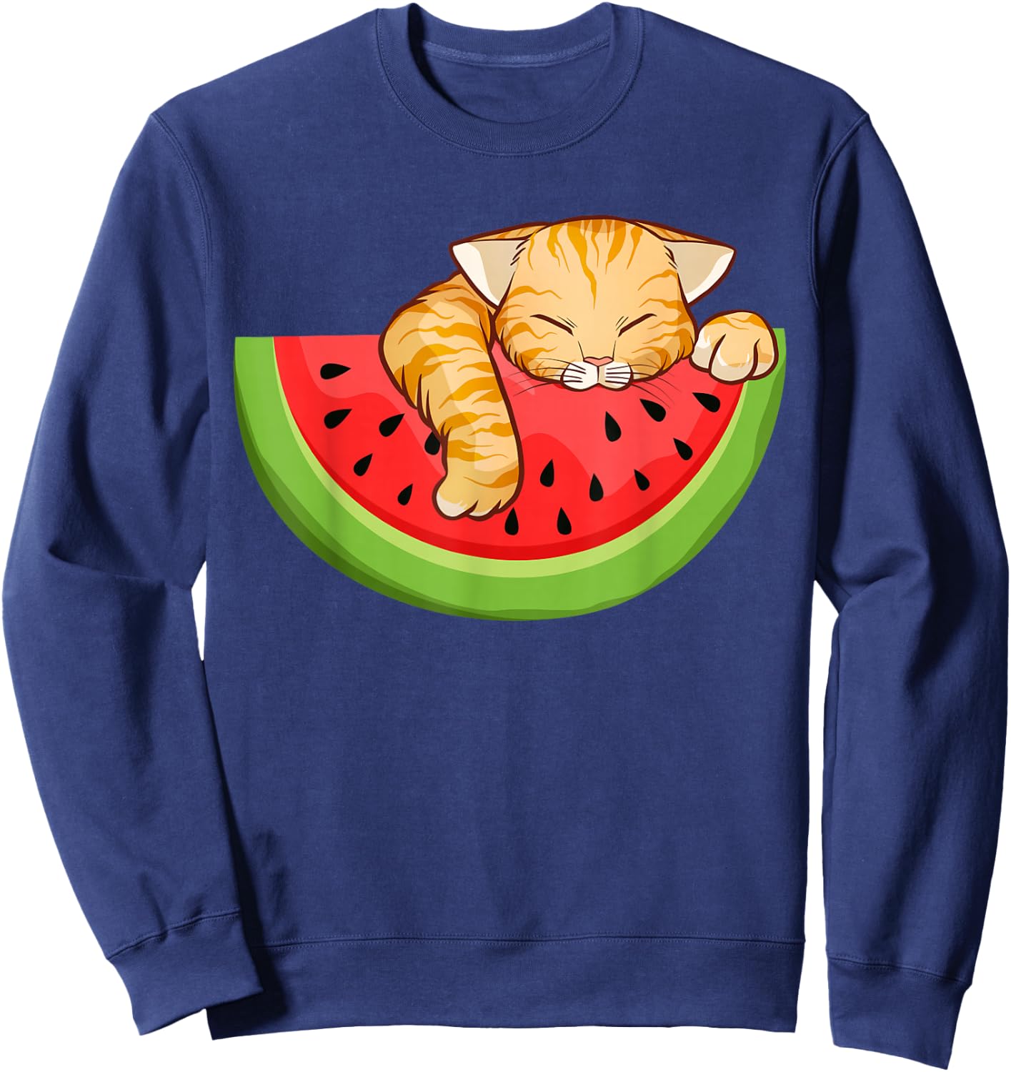 Cute Cat Eating Watermelon Fruit Summer Men Women Girls Sweatshirt - Sweatshirt | Navy