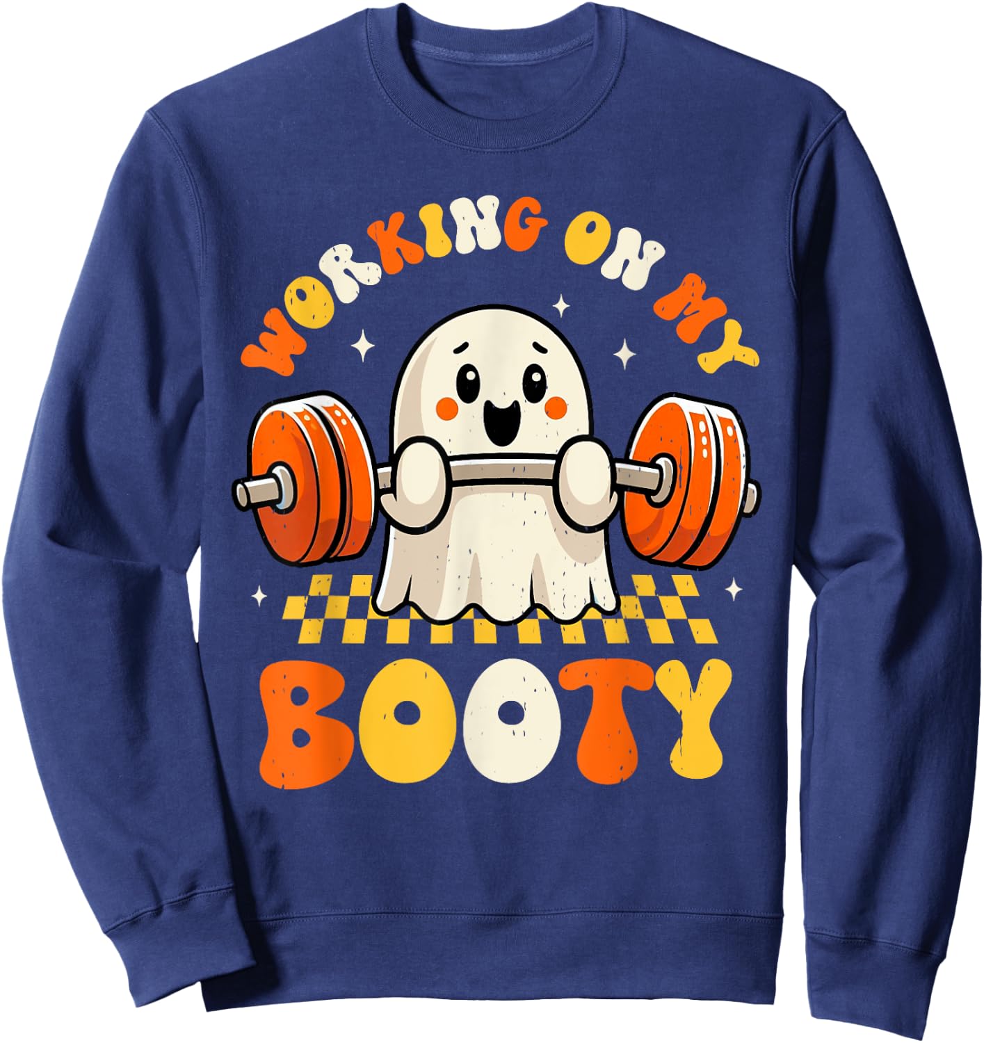 Groovy Working On My Booty Boo-Ty Funny Halloween Gym Ghost Sweatshirt - Sweatshirt | Navy