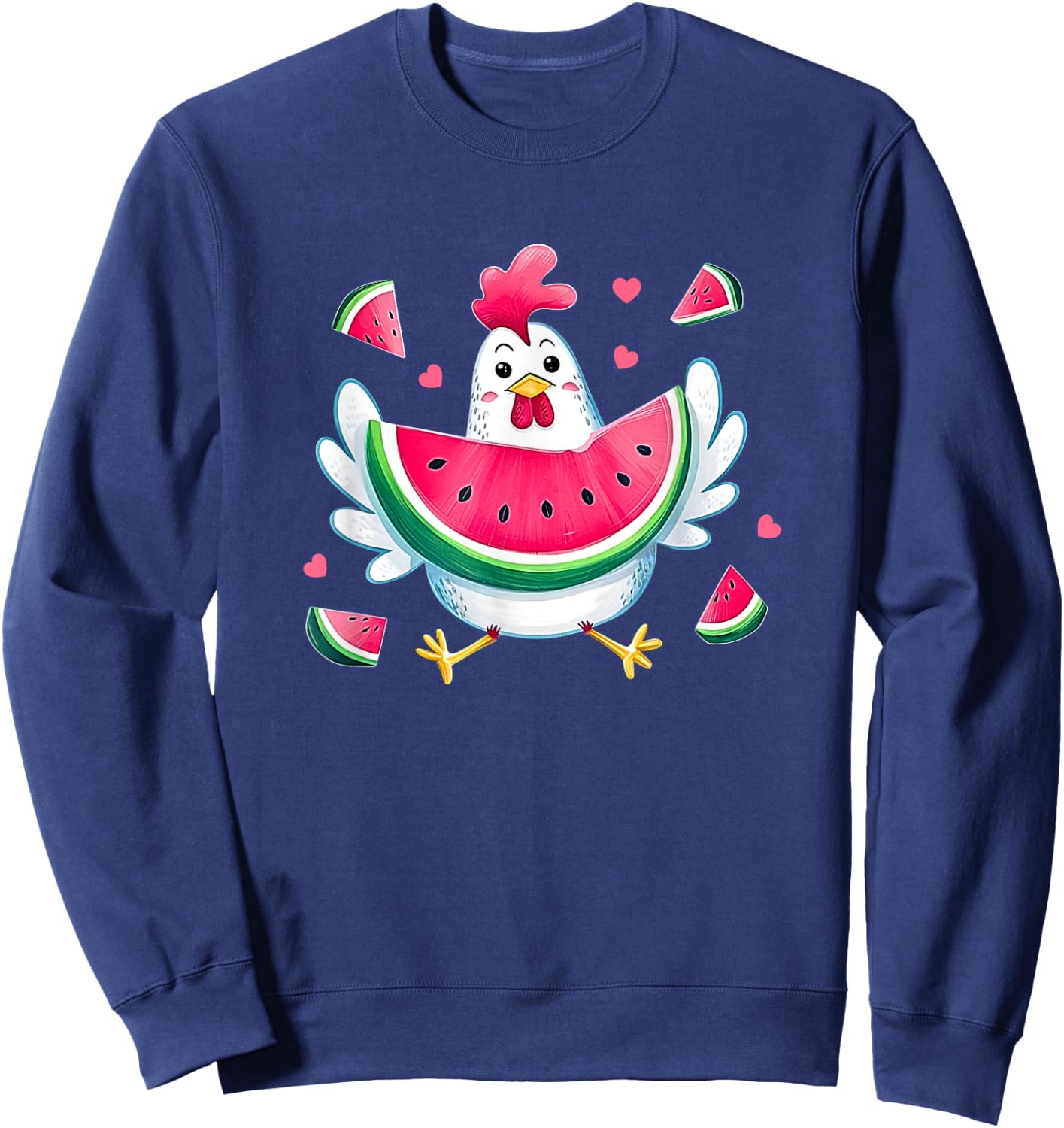 Cute Chicken Eating Watermelon Fruit Summer Funny Chicken Sweatshirt - Sweatshirt | Navy