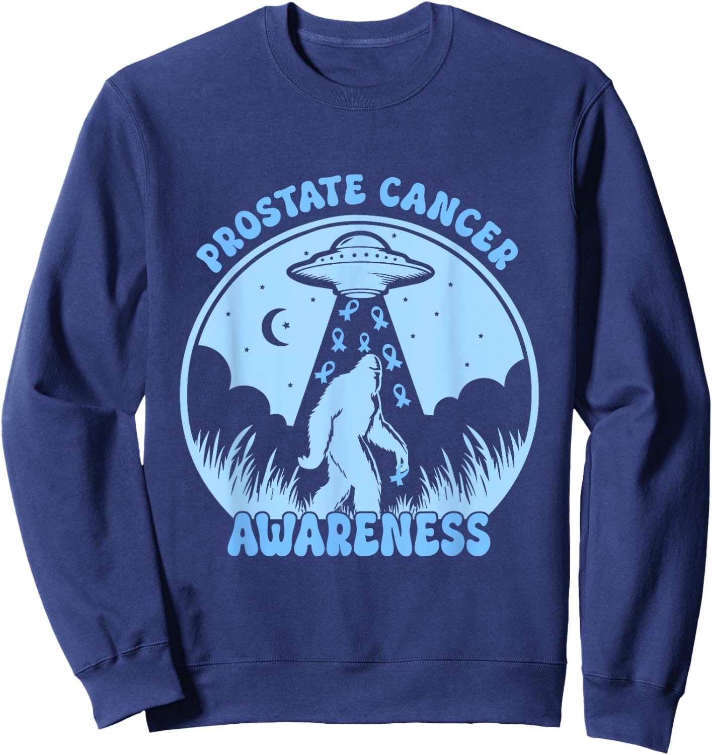 Prostate Cancer Awareness Funny Bigfoot UFO Blue Ribbon Sweatshirt - Sweatshirt | Navy