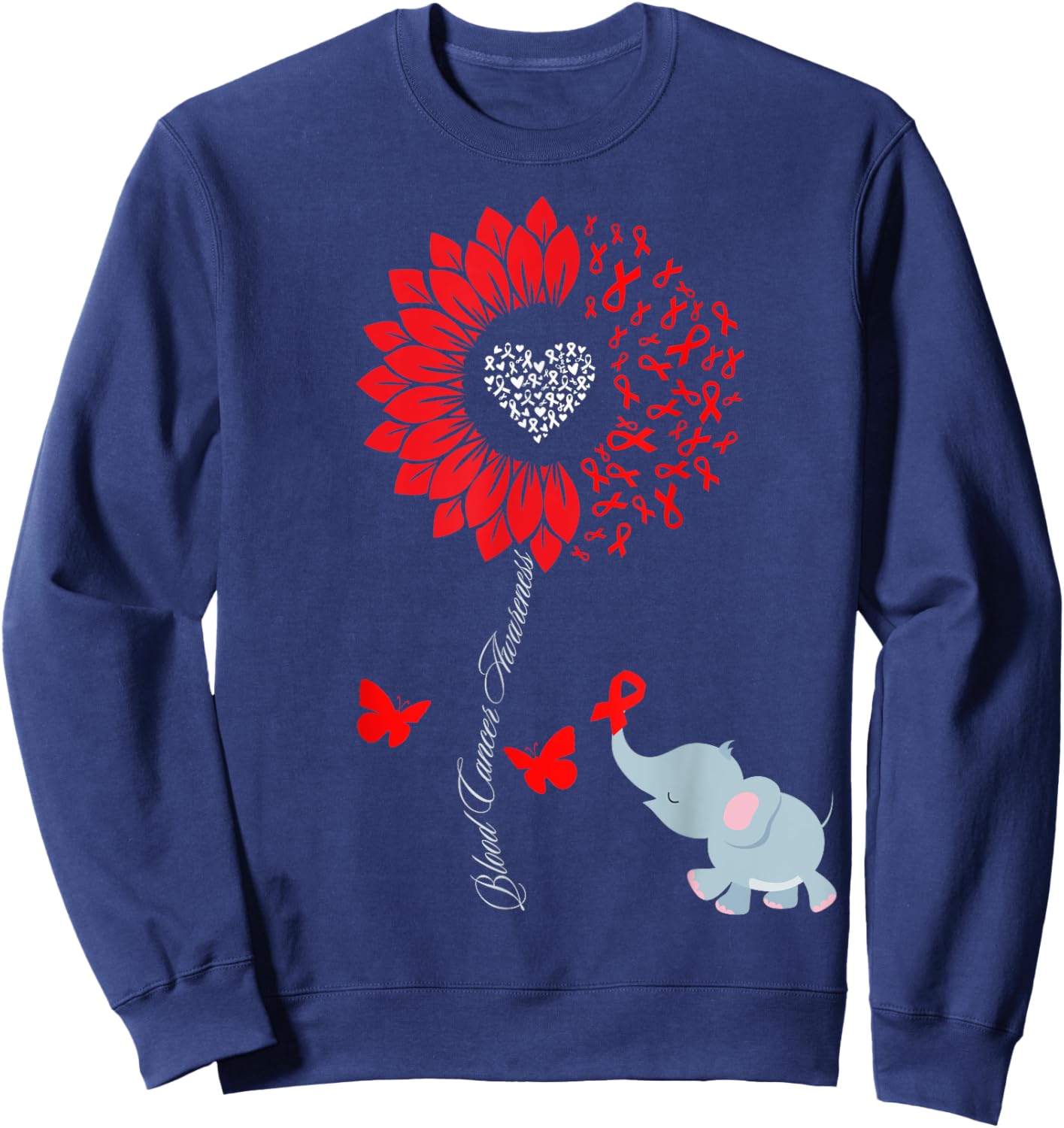 Blood Cancer Awareness Sunflower Elephant Butterfly Ribbon Sweatshirt - Sweatshirt | Navy