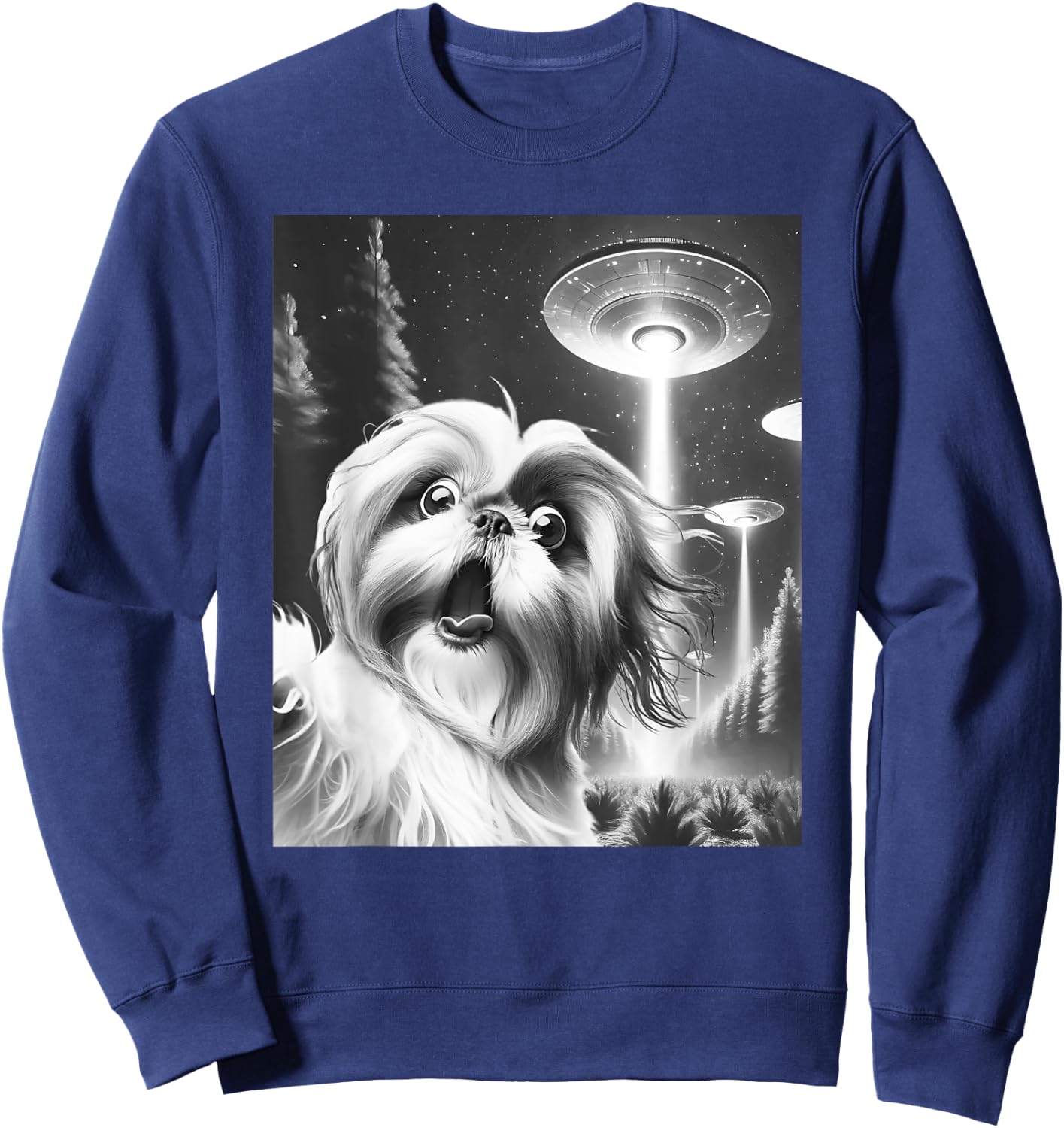 Funny Shih Tzu Alien UFO Taking a Selfie Dog Mom Dad Men Women Girls Kids Sweatshirt - Sweatshirt | Navy
