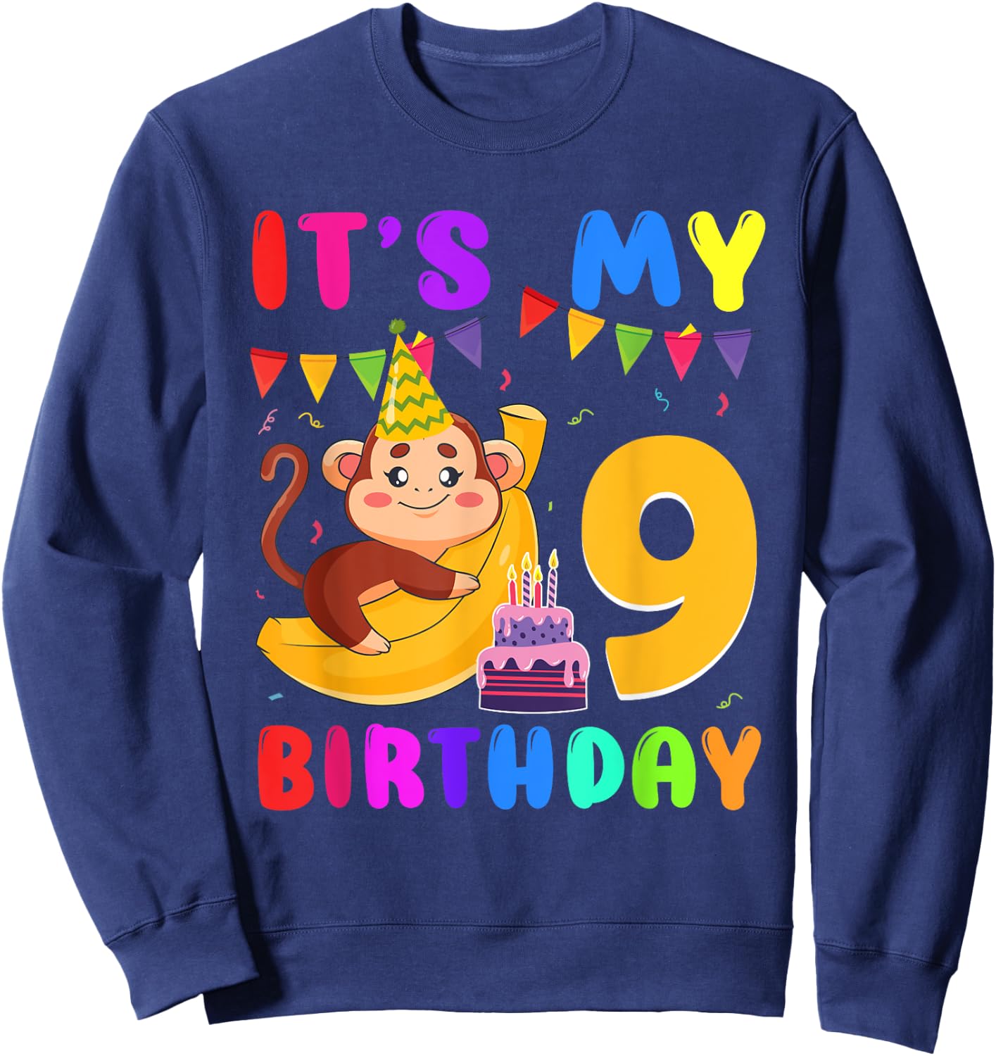 It's My 9th Birthday Monkey 9 Year Old Party Boys Girls Kids Sweatshirt - Sweatshirt | Navy