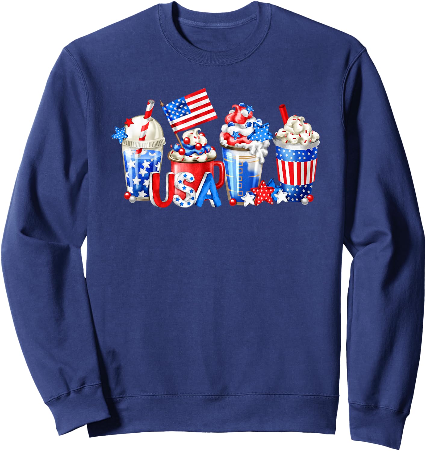 4th Of July Latte Mug For Patriotic Women White Red And Blue Sweatshirt - Sweatshirt | Navy