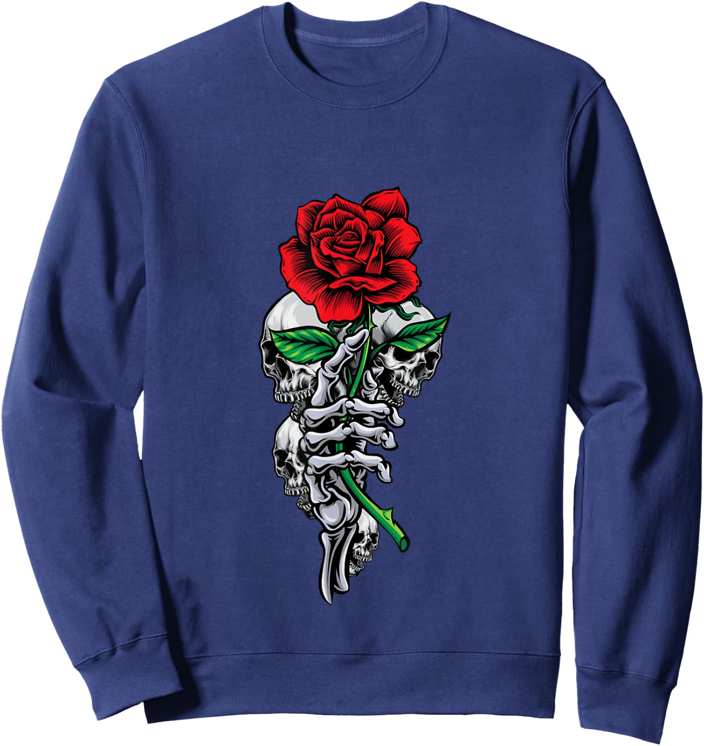 Skeleton Hand Red And Beautiful Rose Flower And Skulls Art Sweatshirt - Sweatshirt | Navy