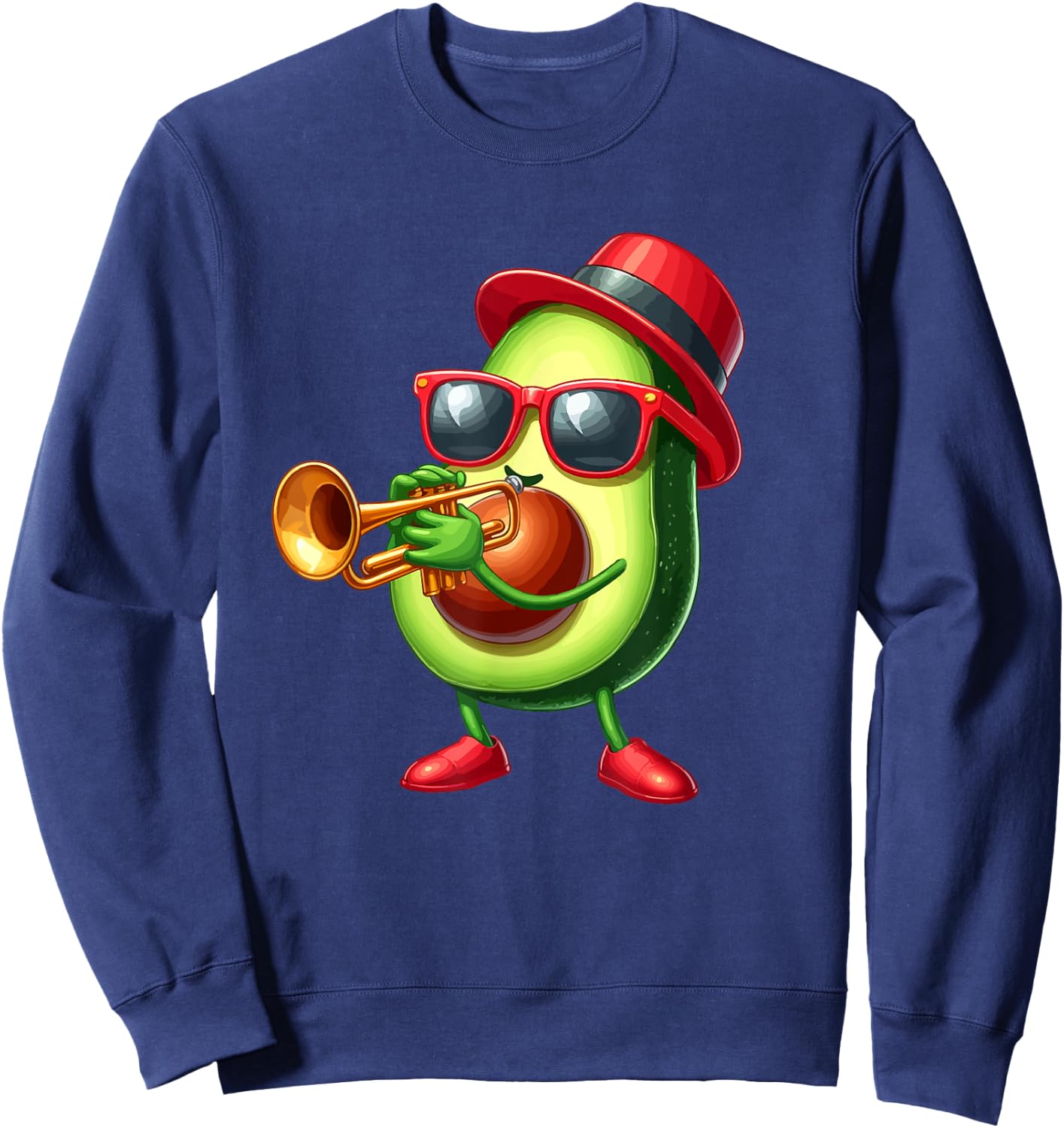 Avocado Sunglasses Playing Trumpet Funny Fruit Instrument Sweatshirt - Sweatshirt | Navy