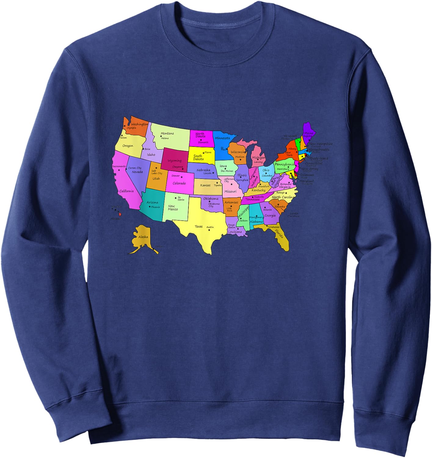 States & Capitals Colorful USA Map School Geography Sweatshirt - Sweatshirt | Navy