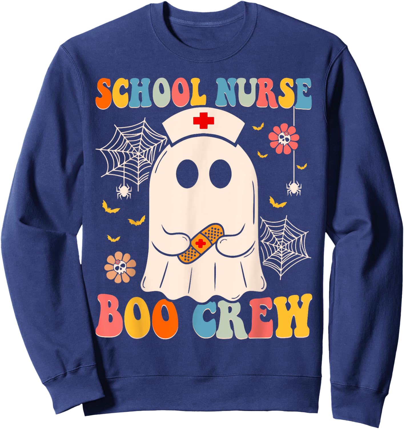 Groovy School Nurse Boo Crew Nurse Funny Ghost Halloween Sweatshirt - Sweatshirt | Navy