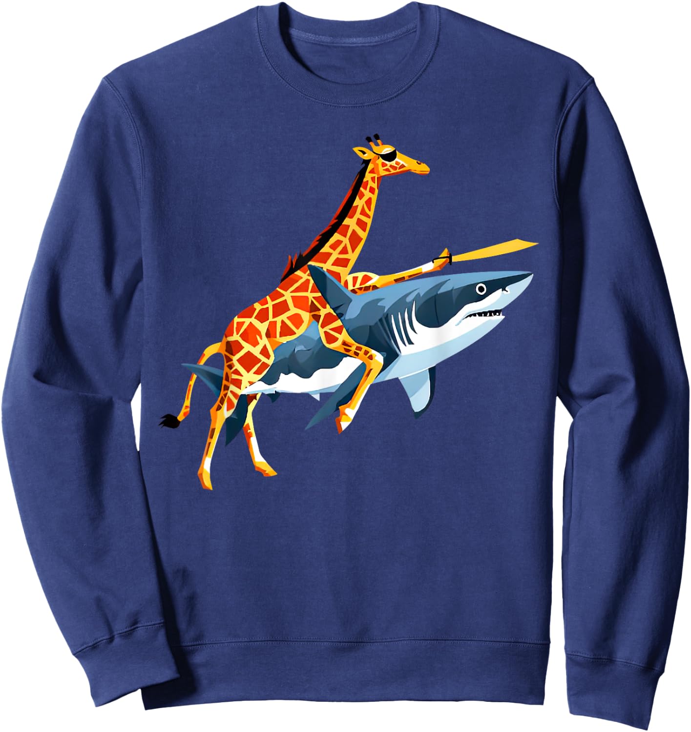 Retro Giraffe Riding Shark Funny Animal Lover Graphic Sweatshirt - Sweatshirt | Navy