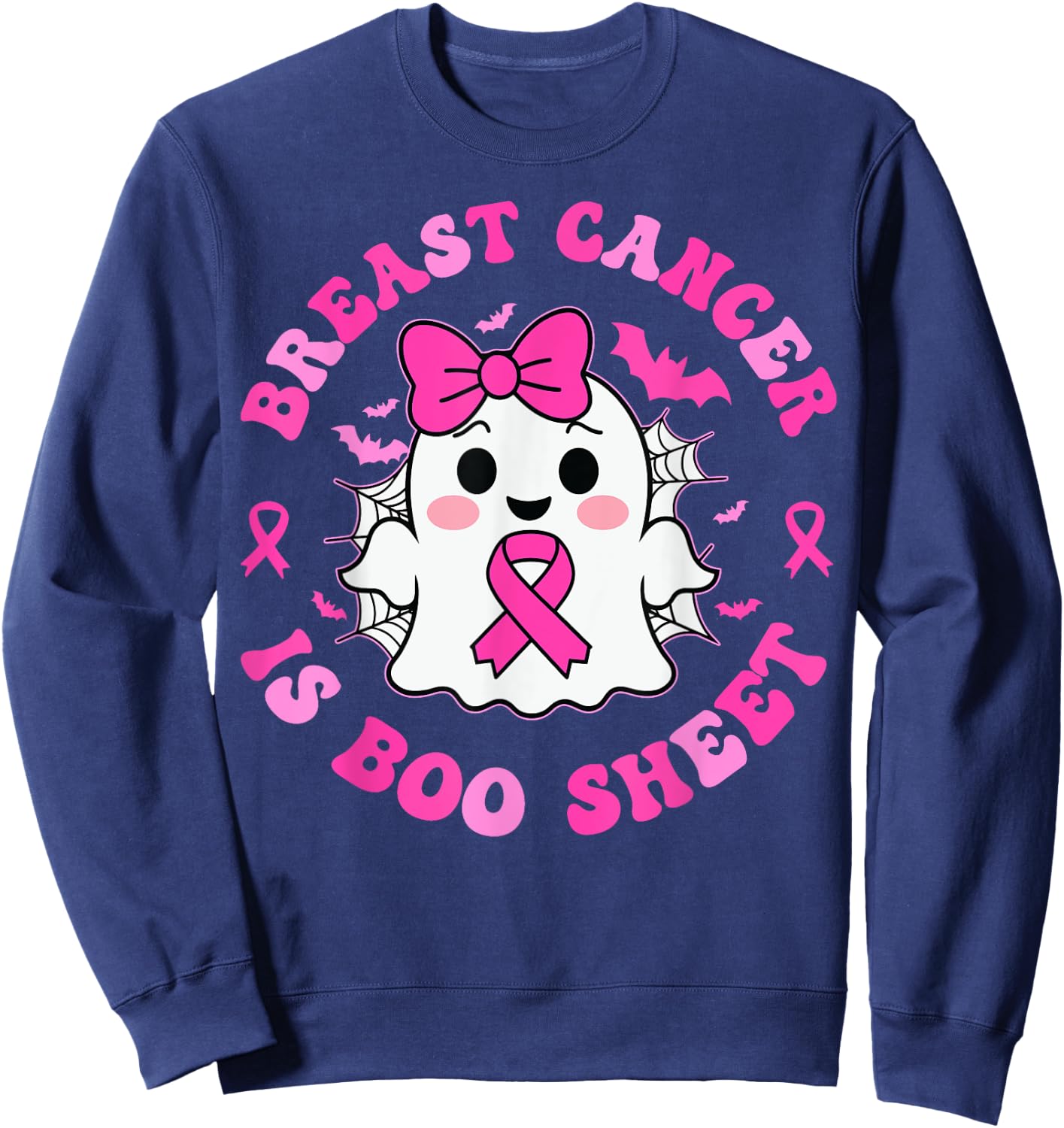 Groovy Breast Cancer is Boo Sheet Awareness Halloween Ghost Sweatshirt - Sweatshirt | Navy
