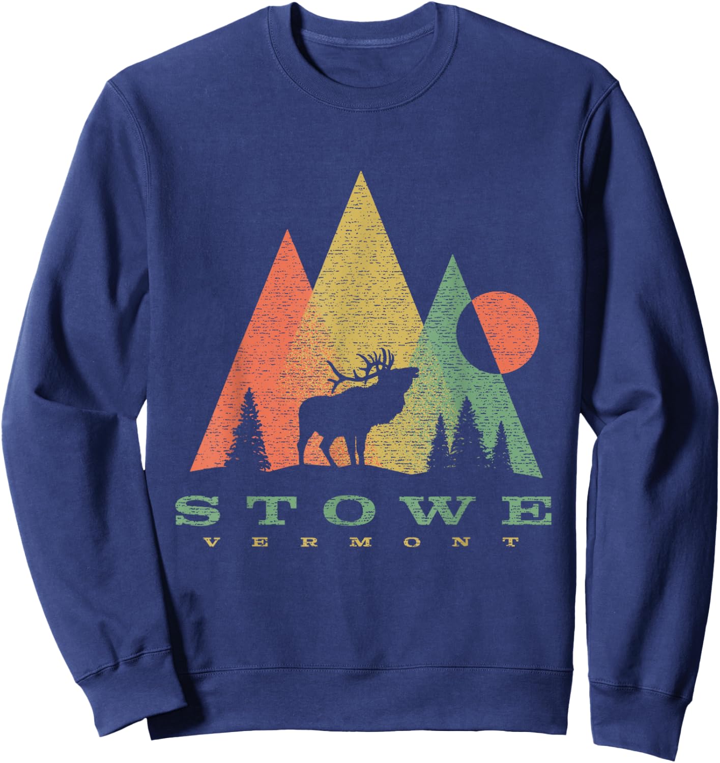 Vintage Geometric Mountains Deer Stowe Vermont Vacation Sweatshirt - Sweatshirt | Navy