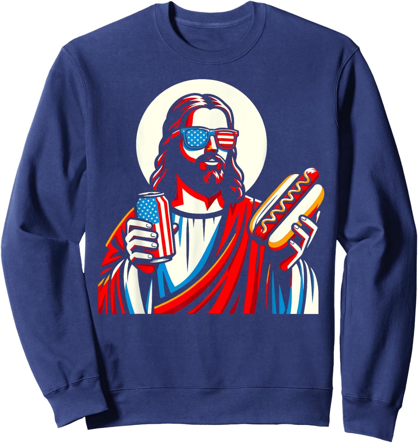 Funny Jesus USA American Christian Patriotic Beer Hotdog Women Men Sweatshirt - Sweatshirt | Navy