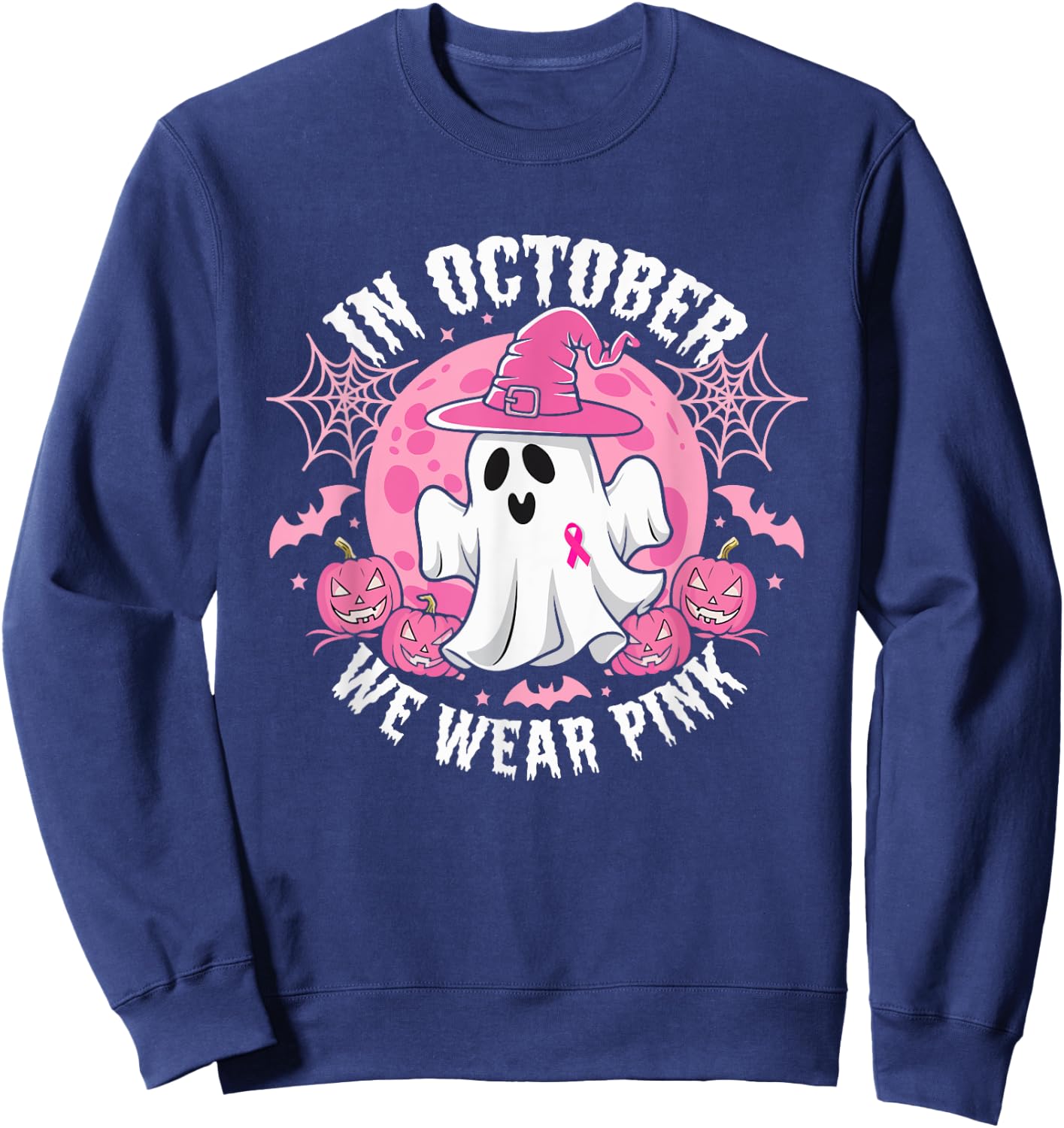 In October We Wear Pink Ribbon Ghost Witch Hat Halloween Sweatshirt - Sweatshirt | Navy