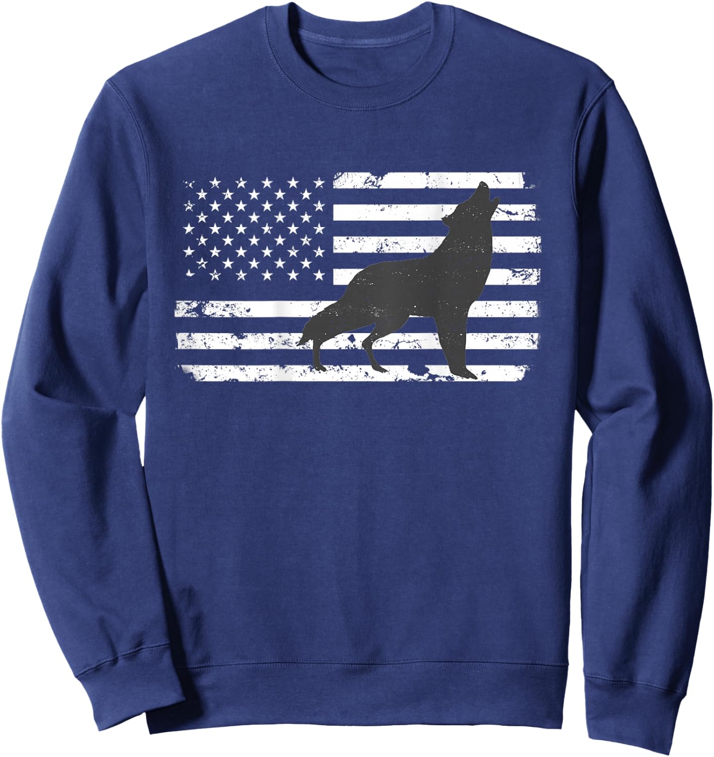 Gray Lone Wolf Distressed American Flag BACK PRINT Sweatshirt - Sweatshirt | Navy