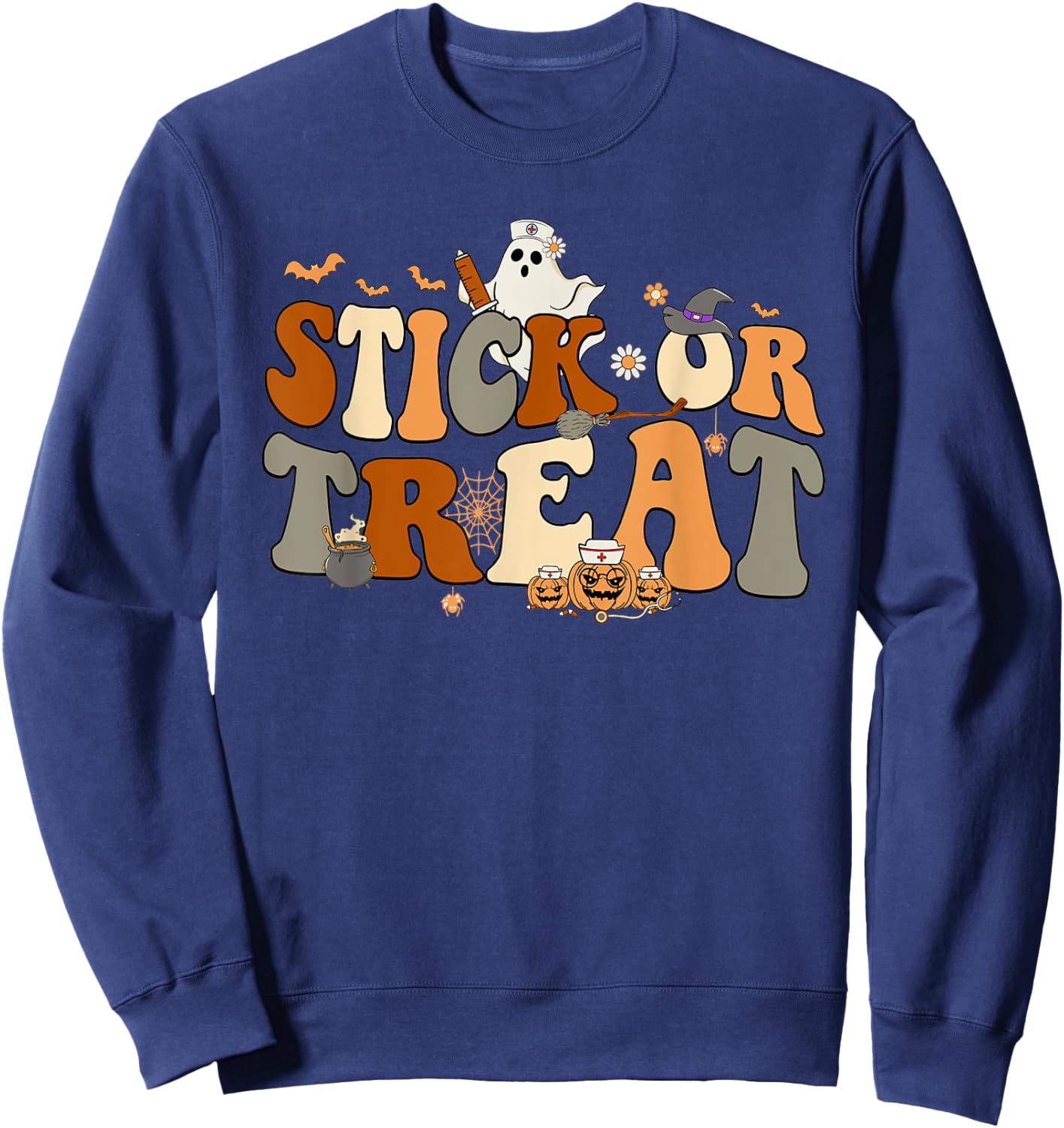 Retro Ghost Stick or Treat Halloween Nurse Spooky Nurse Sweatshirt - Sweatshirt | Navy