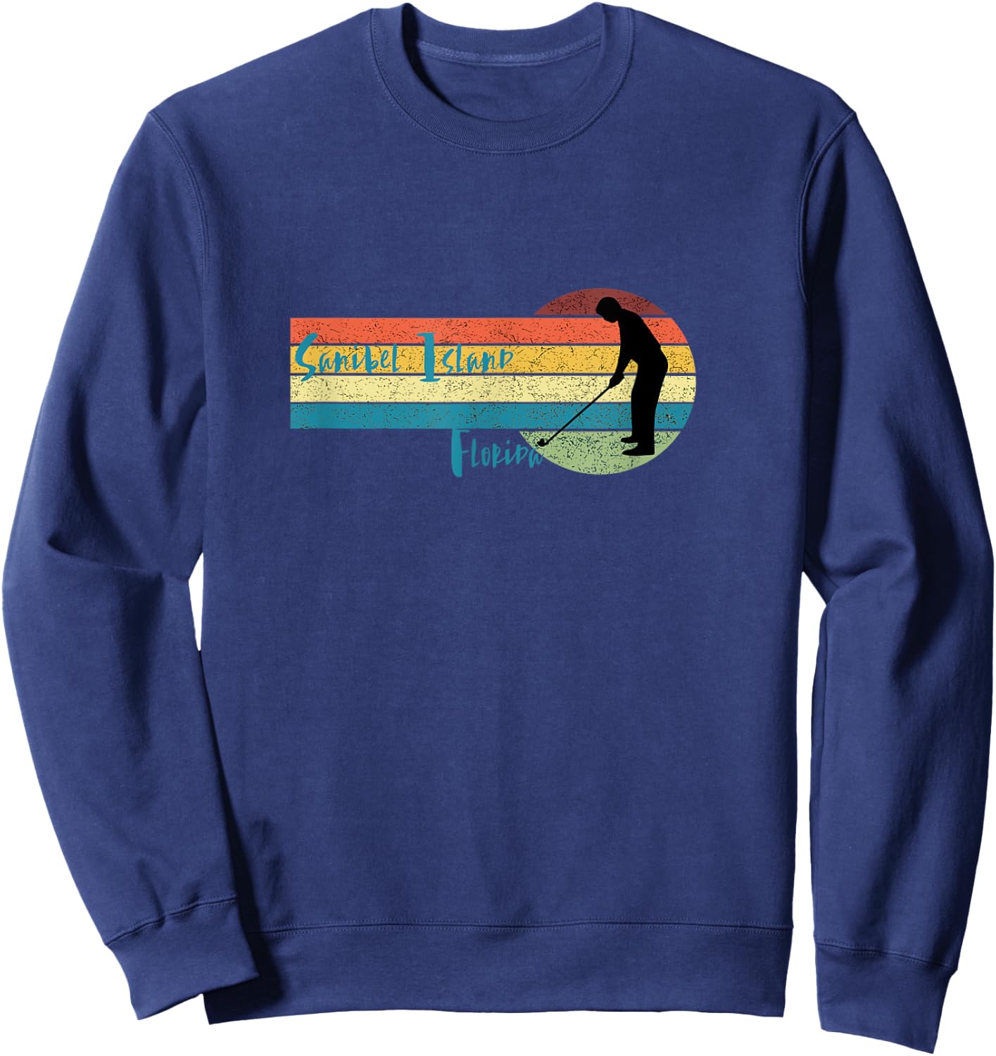 Golf Sanibel Island Fl: Man Golfing in Vintage Sunset Sweatshirt - Sweatshirt | Navy