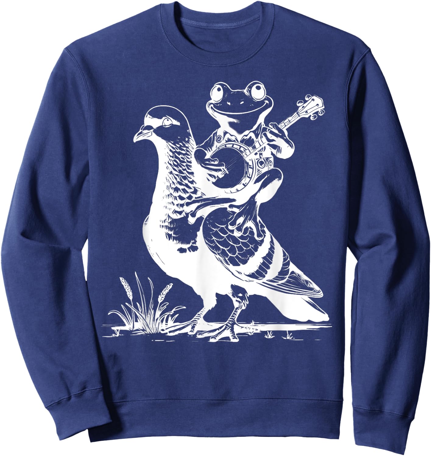 Retro Funny Frog Playing Banjo On Pigeon Animal Lover Sweatshirt - Sweatshirt | Navy