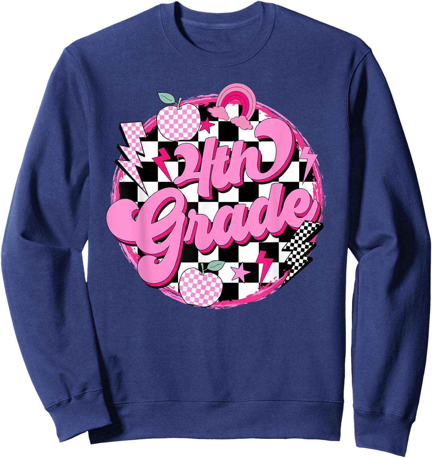 4th Grade Teacher Women Retro Checkered First Day of School Sweatshirt - Sweatshirt | Navy