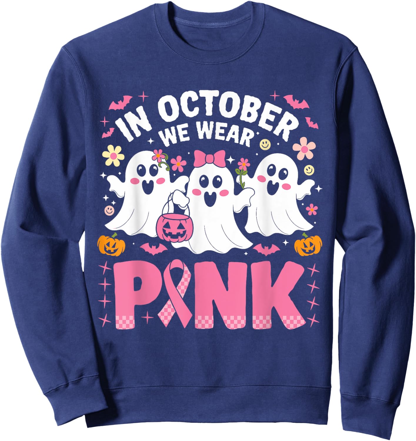 In October We Wear Pink Ghost Witch Breast Cancer Awareness Sweatshirt - Sweatshirt | Navy