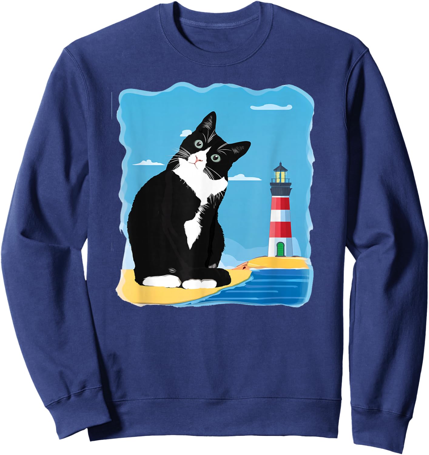 Tuxedo Cat Lighthouse Day Ocean Beach Summer Men Women Girls Kids Sweatshirt - Sweatshirt | Navy