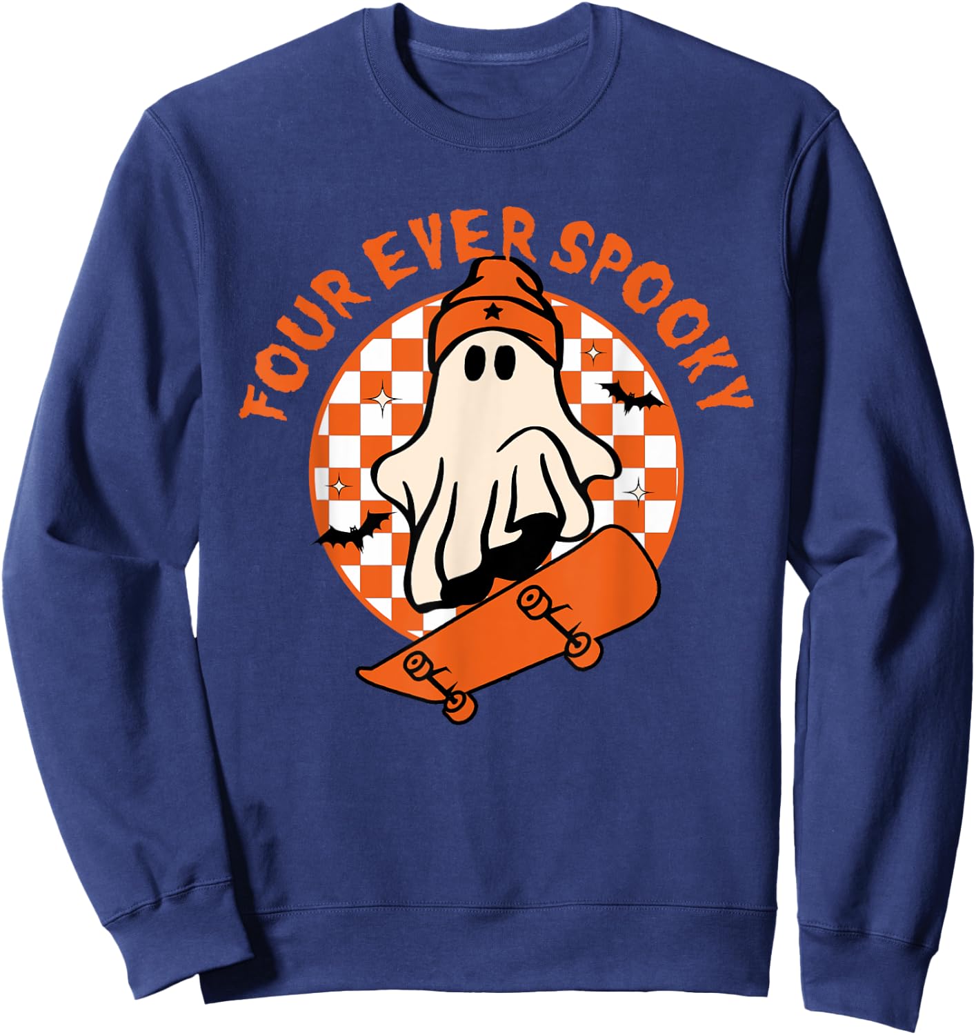 Four Ever Spooky 4th Birthday Halloween Skateboarding Ghost Sweatshirt - Sweatshirt | Navy