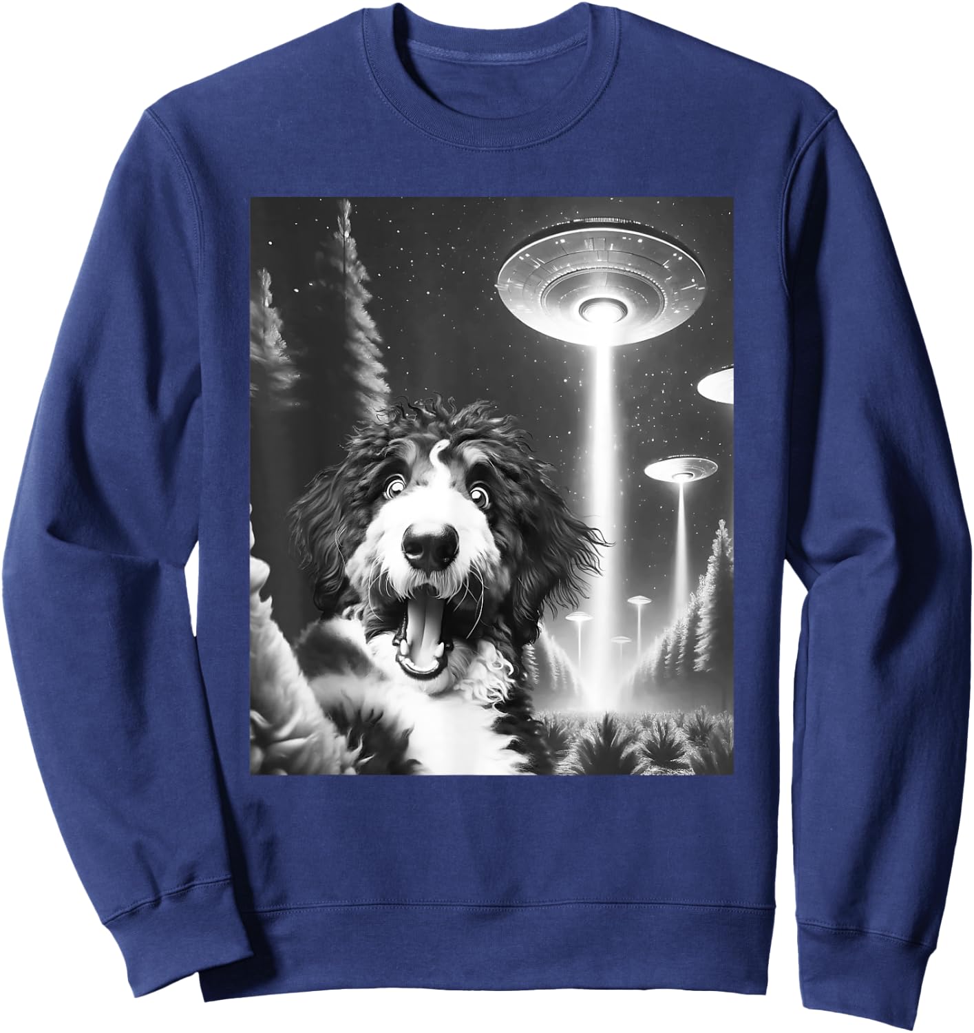 Funny Bernedoodle Alien UFO Taking a Selfie Dog Mom Dad Men Women Kids Sweatshirt - Sweatshirt | Navy